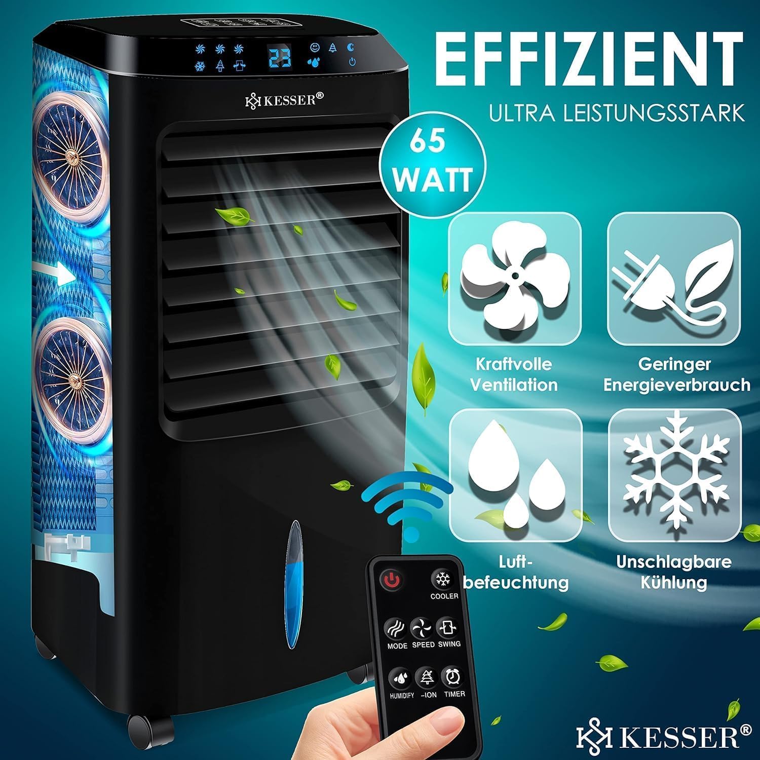 KESSER® Mobile Klimaanlage 4in1 Luftkühler – Air Cooler mit Fernbedienung & Timer, 10L Wassertank, Ionisator & Luftbefeuchter, Ventilator Klimagerät ohne Abluftschlauch, 3 Stufen inkl. Kühlakkus