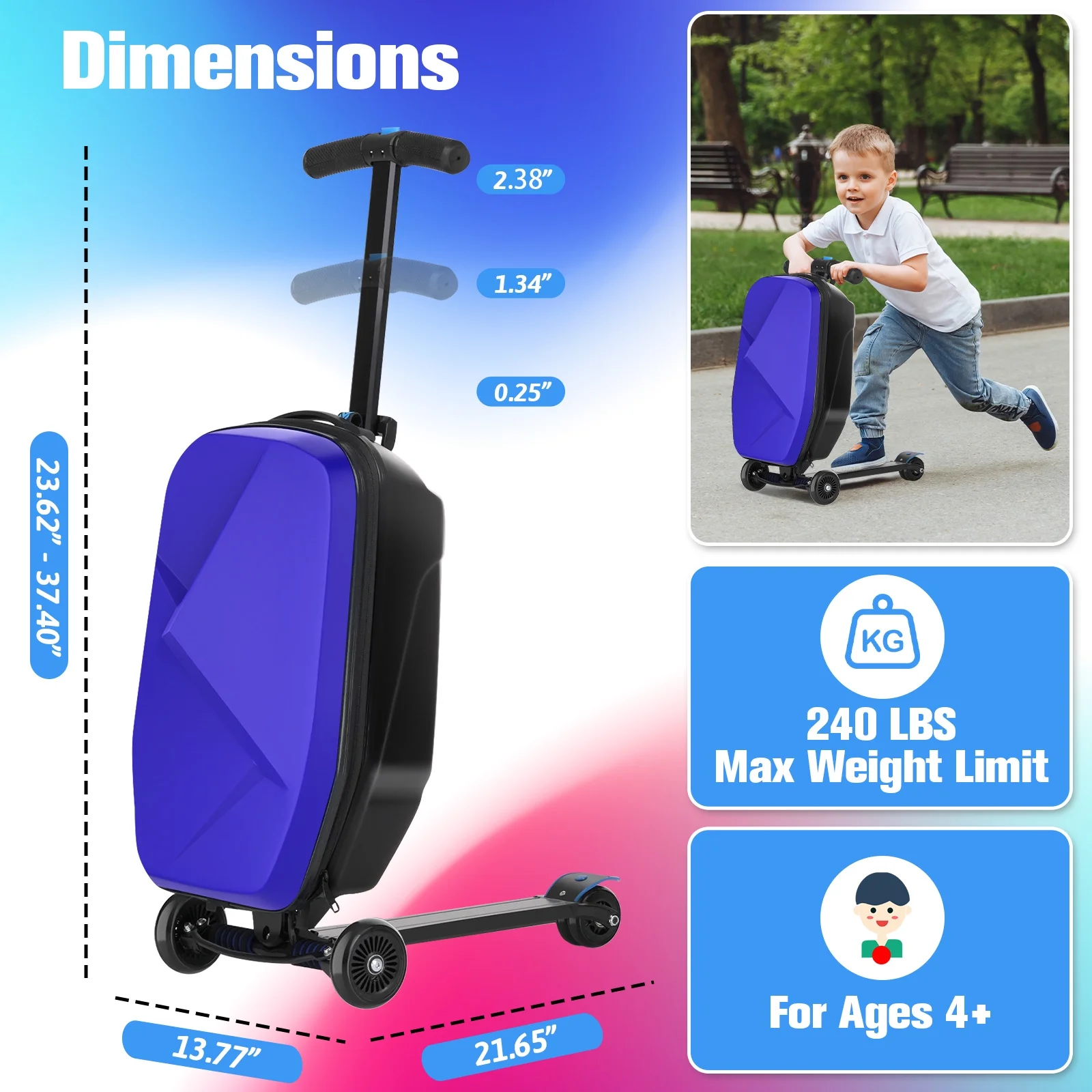 Advwin Scooter Luggage for Kids & Adults, Hardside Ride on Suitcase for Kids Ages 4-15 Multifunctional Lightweight Foldable Carry on Luggage with Wheels Ride on for Children Teenagers, Pink