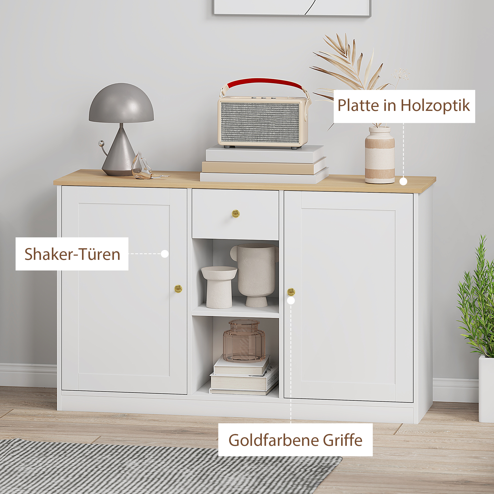 Keukenkommode, Sideboard met Lade, Kasten, Schappen, Spaanplaat, Wit