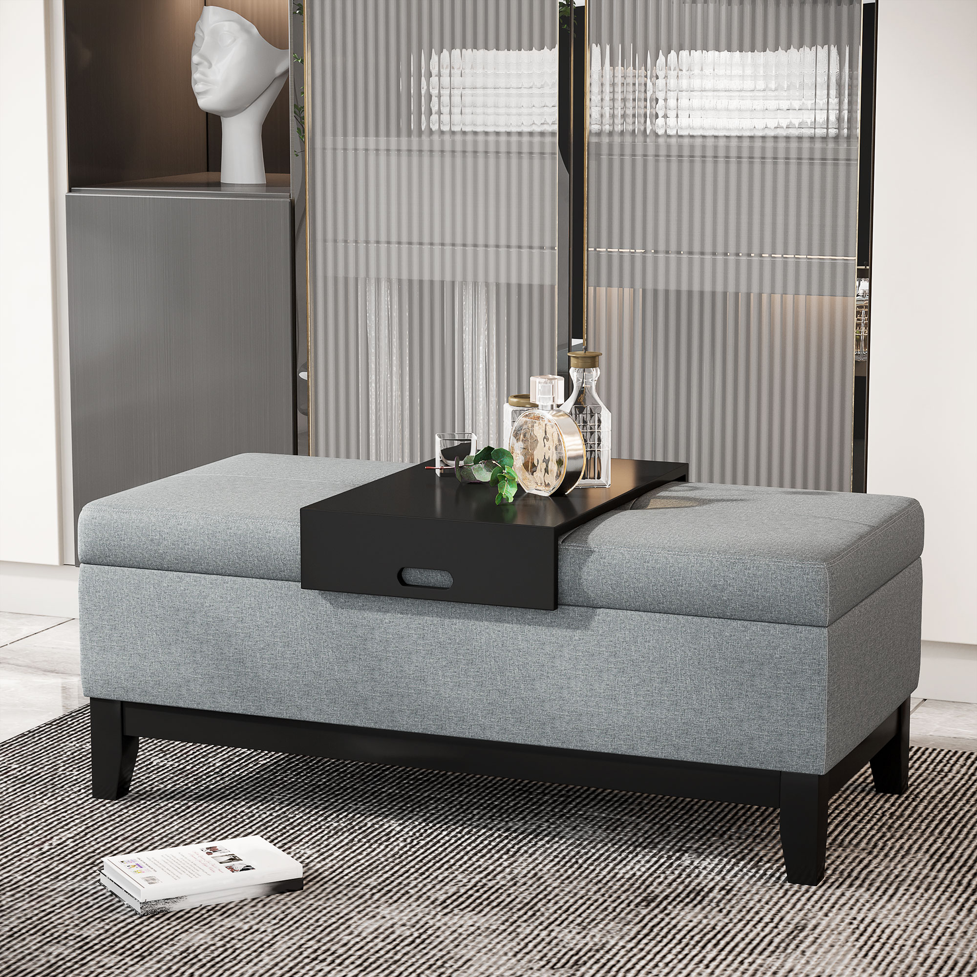 HOMCOM Sitzbank mit Stauraum, abnehmbarem Tablett Polsterbank mit Leinenoptik, Sitztruhe mit Holzbeine, Truhenbank für Wohnzimmer Schlafzimmer Flur 107 x 50 x 44 cm, Dunkelgrau