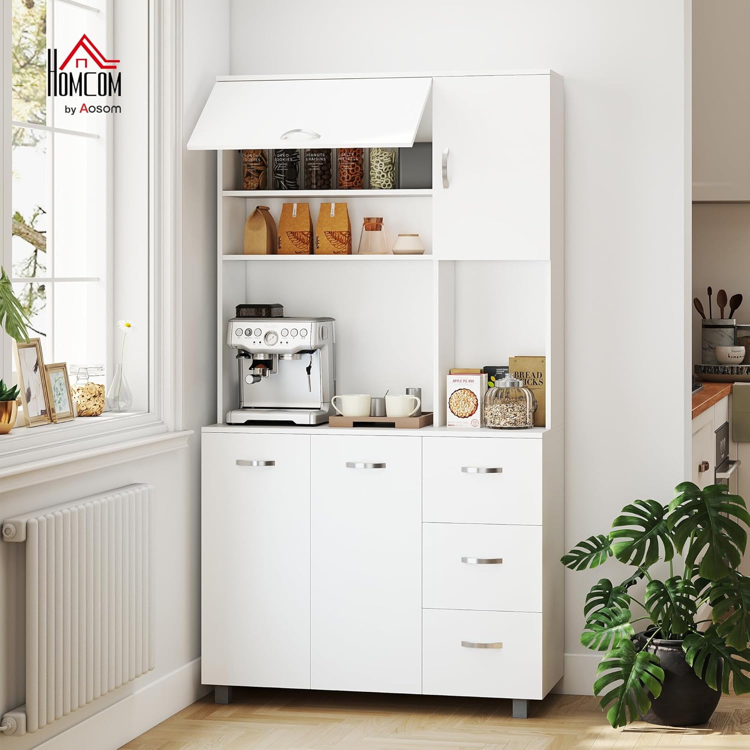 HOMCOM Credenza Alta Moderna con Cassetti e Armadietti, Mobile Cucina per Microonde con Ripiani Aperti, 100x39.5x183.5cm, Bianco