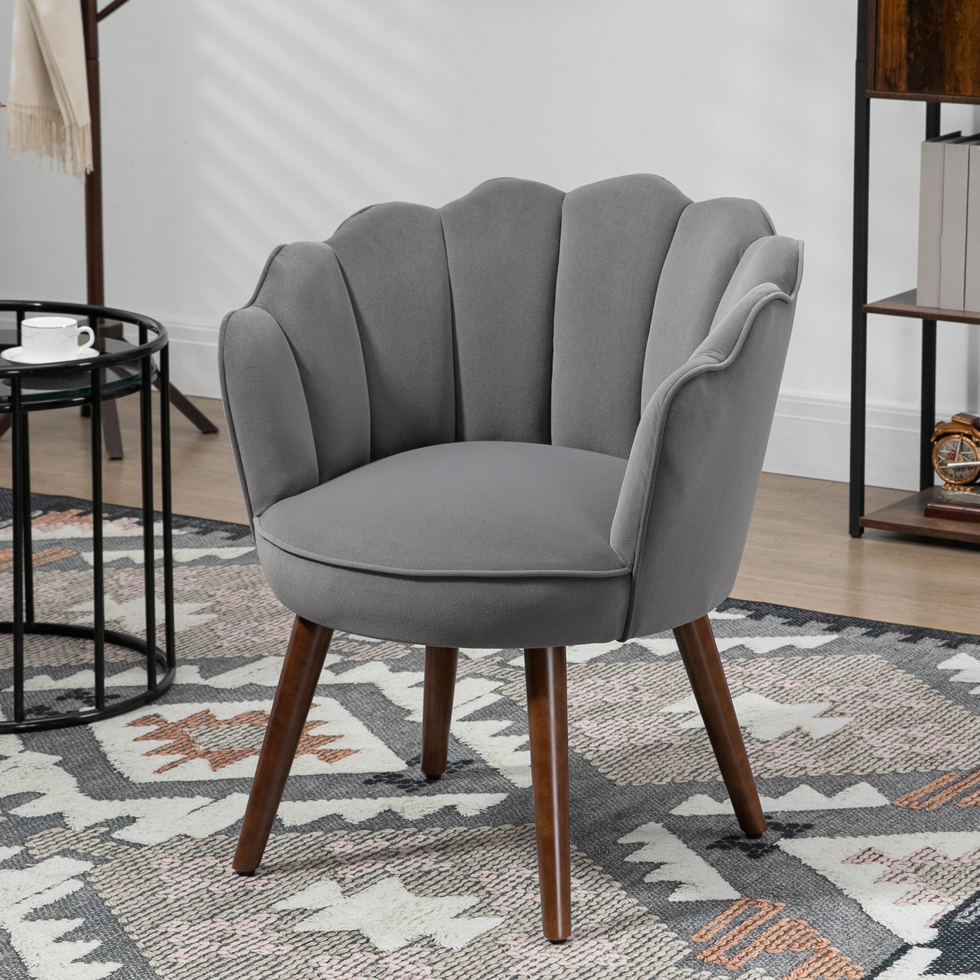 HOMCOM Sessel Wohnzimmer Loungesessel in Muschelform Relaxsessel mit Holzbeine, Polstersessel Lesesessel mit Samtoptik, Polsterstuhl für Schlafzimmer Dunkelgrau