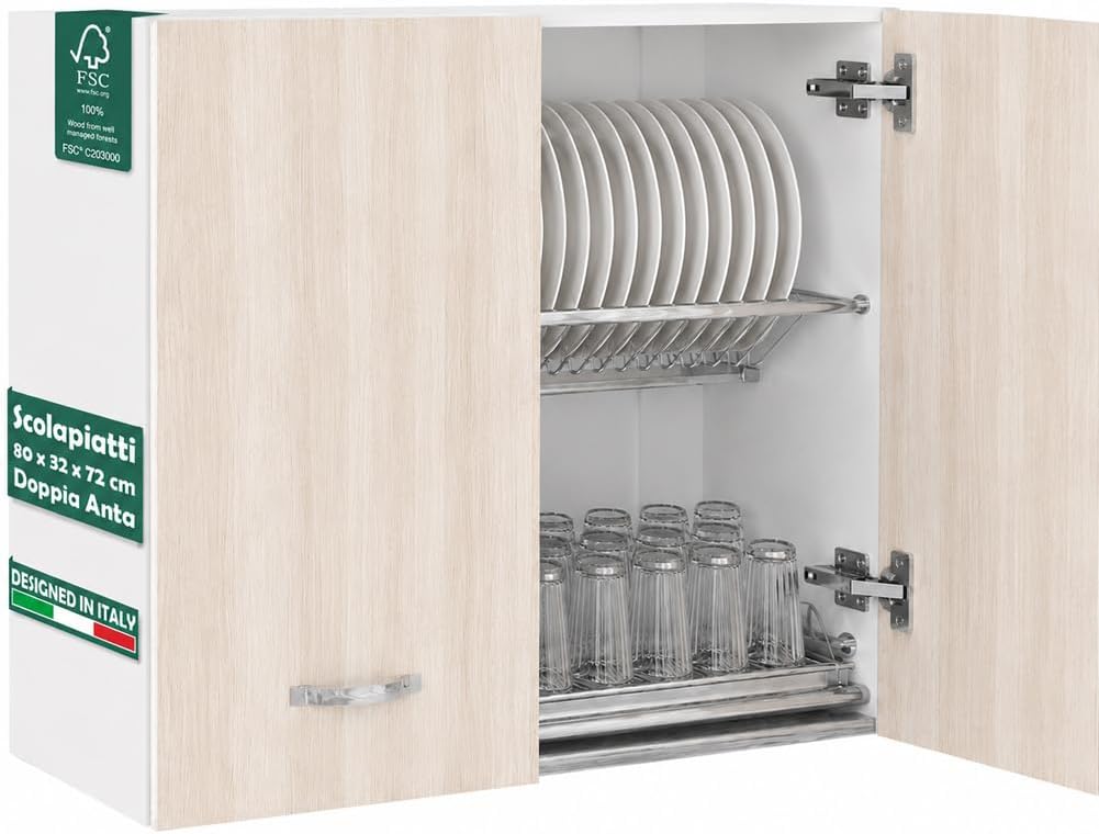 Shally Dogan Pensile Scolapiatti con Vassoio Salvagoccia da Cucina, Mobile a Parete in Legno Resistente, Armadio Sospeso con Due Ante e Due Ripiani, Dimensioni 80 x 32 x 72H cm (Olmo)