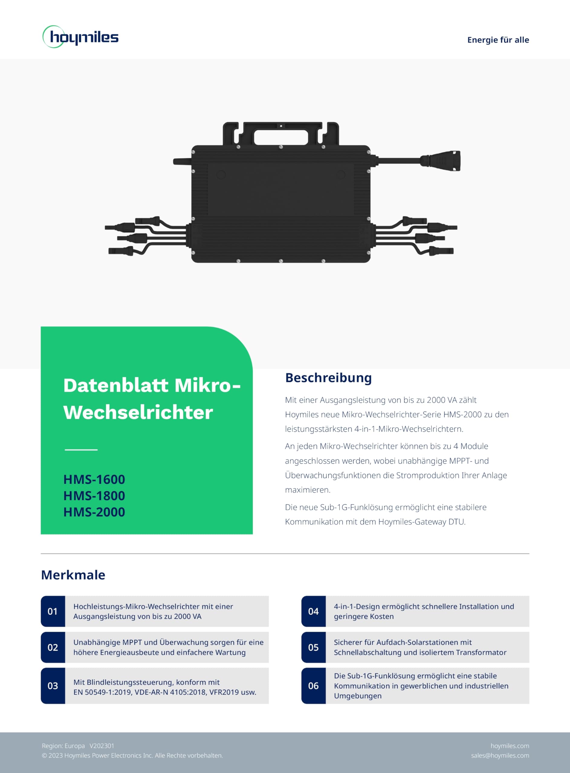 Hoymiles HMS-2000-4T Mikrowechselrichter für 4 Solarmodule 2000W mit optionalem WiFi für Balkonkraftwerk