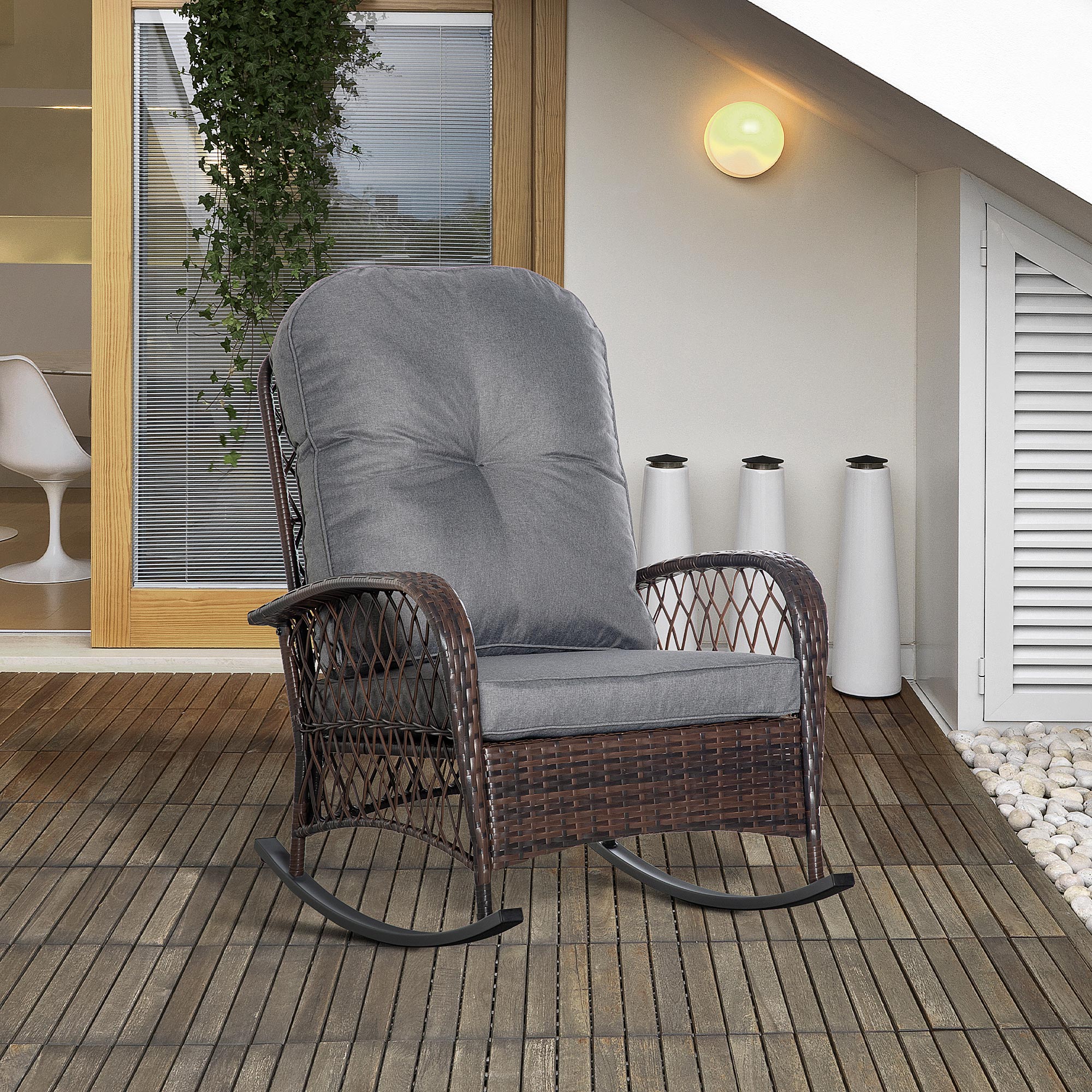 Outsunny Schaukelstuhl Polster mit Knopfheftung PE-Rattan Stahl Braun + Grau