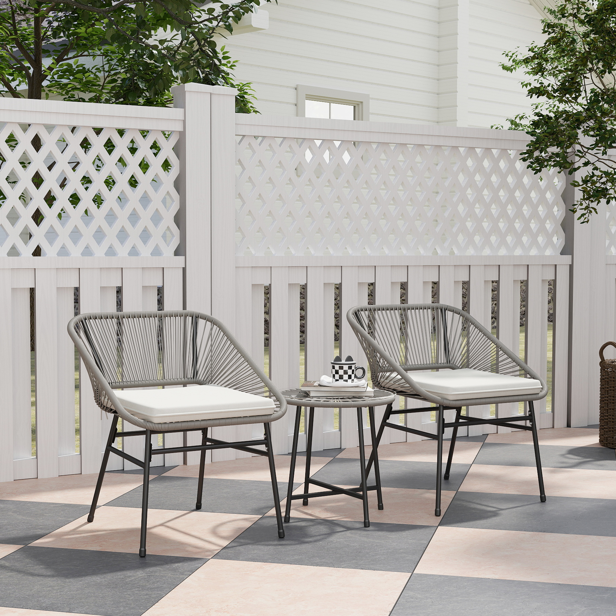 Outsunny 3-teiliges Outdoor-Möbelset, 1 Tisch, 2 Stühle, Rattan-Geflecht, Stahlrahmen, Kaffeetisch mit Glasplatte, Dunkelgrau