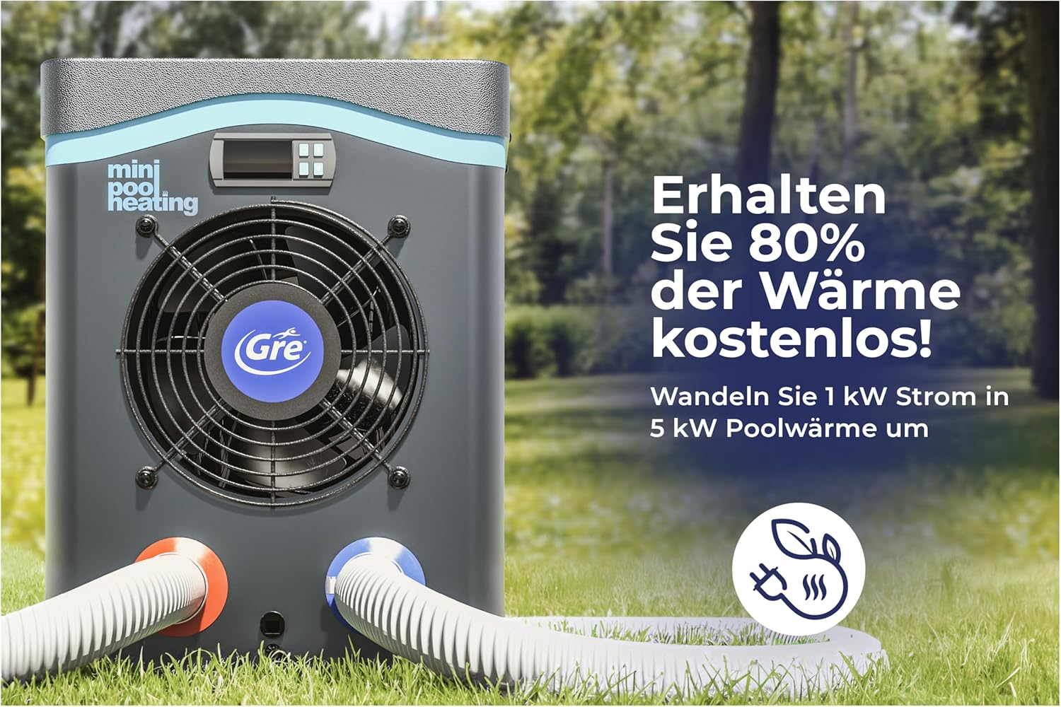 Gre HPM20 – Mini-Wärmepumpe für Aufstellpools bis zu 20 m³, Heizsystem für Aufstellpools, Farbe Grau