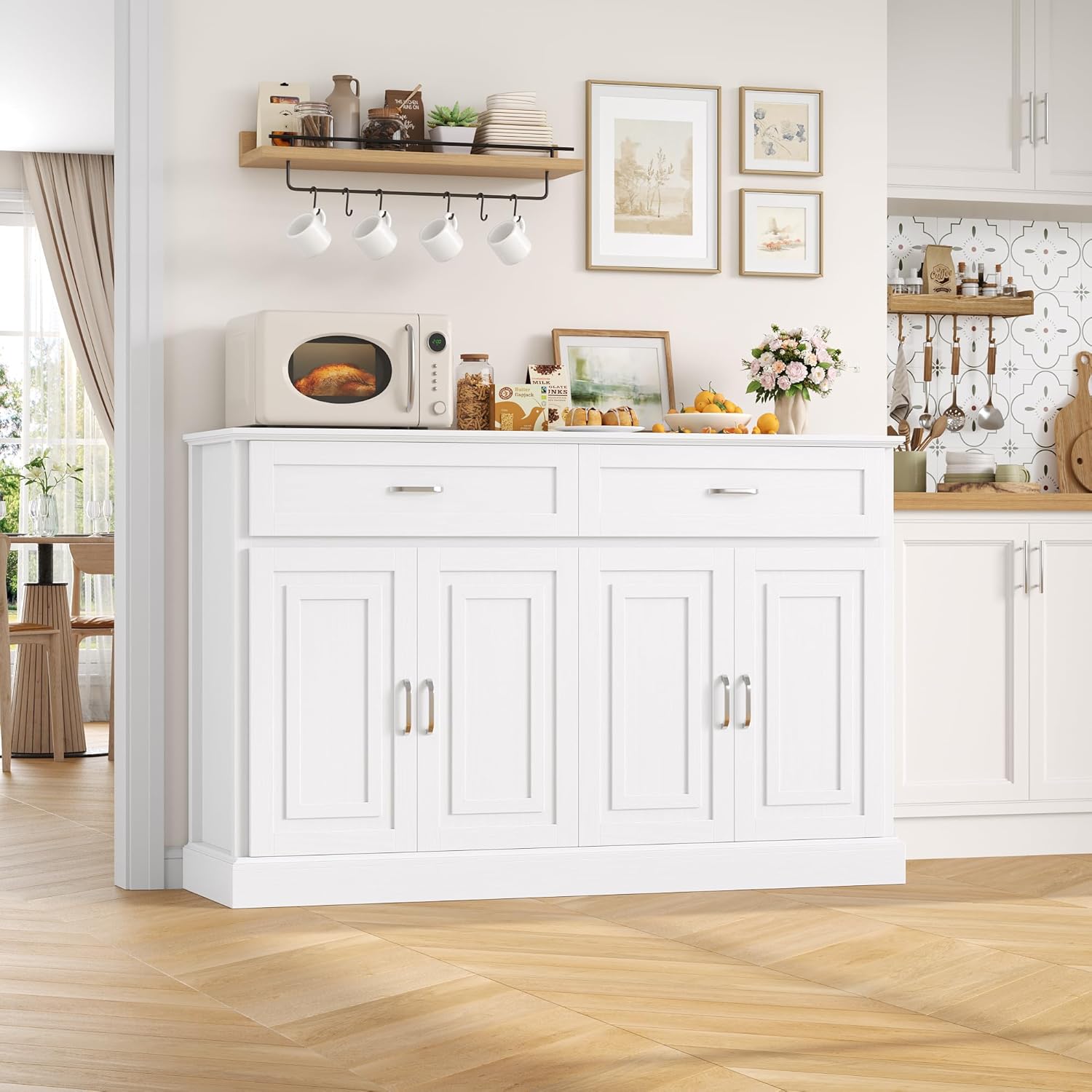FirFurd 140CM Credenza Cucina,Mobile Cucina con 2 Cassetti e 4 Ante, Madia Soggiorno Moderna con Ripiani Regolabili e Rimovibile, per Cucina, Sala da Pranzo, Soggiorno, 140x39.5x92.2cm Bianco
