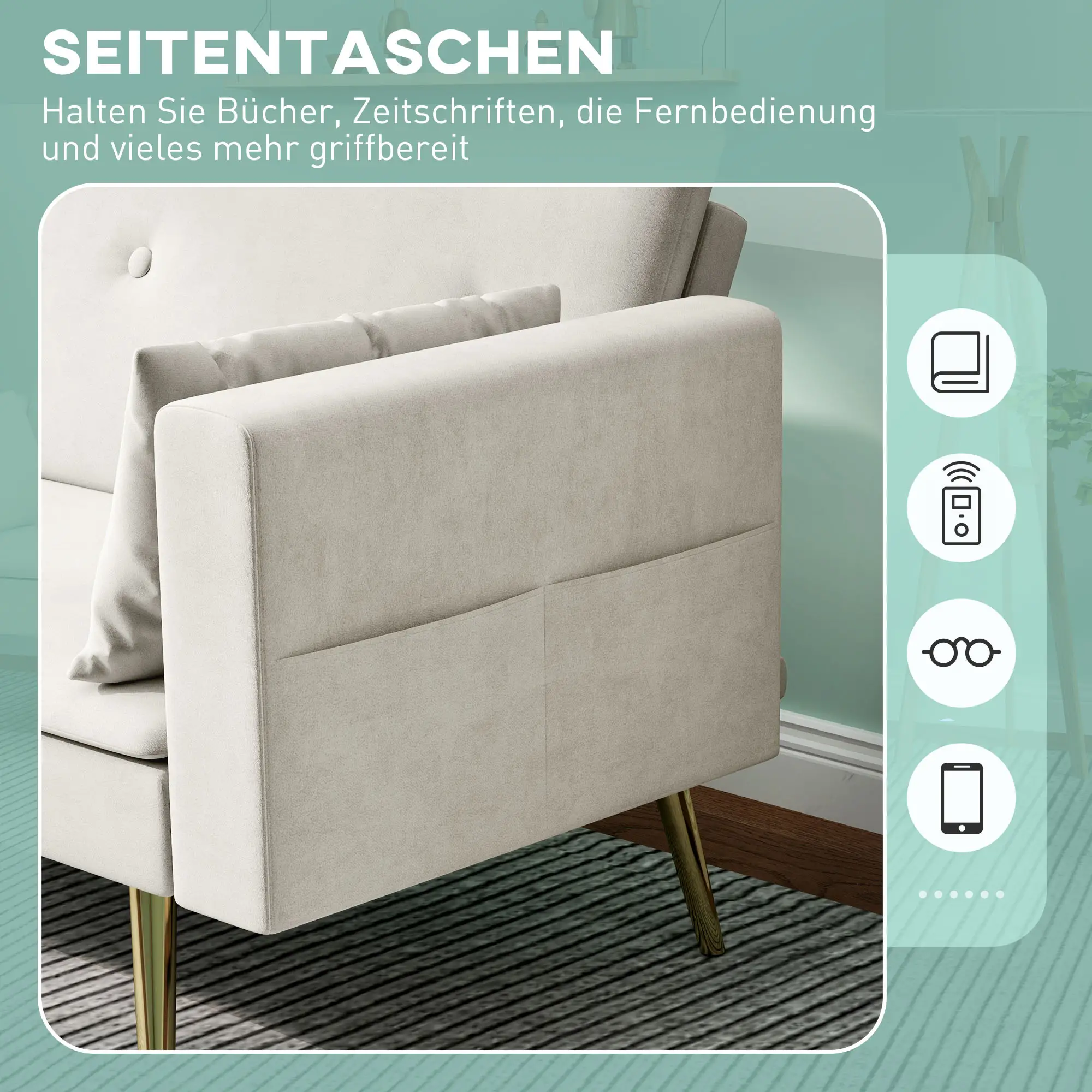 HOMCOM Schlafsofa 2-Sitzer mit 3-fach verstellbarer Rückenlehne, Seitentasche