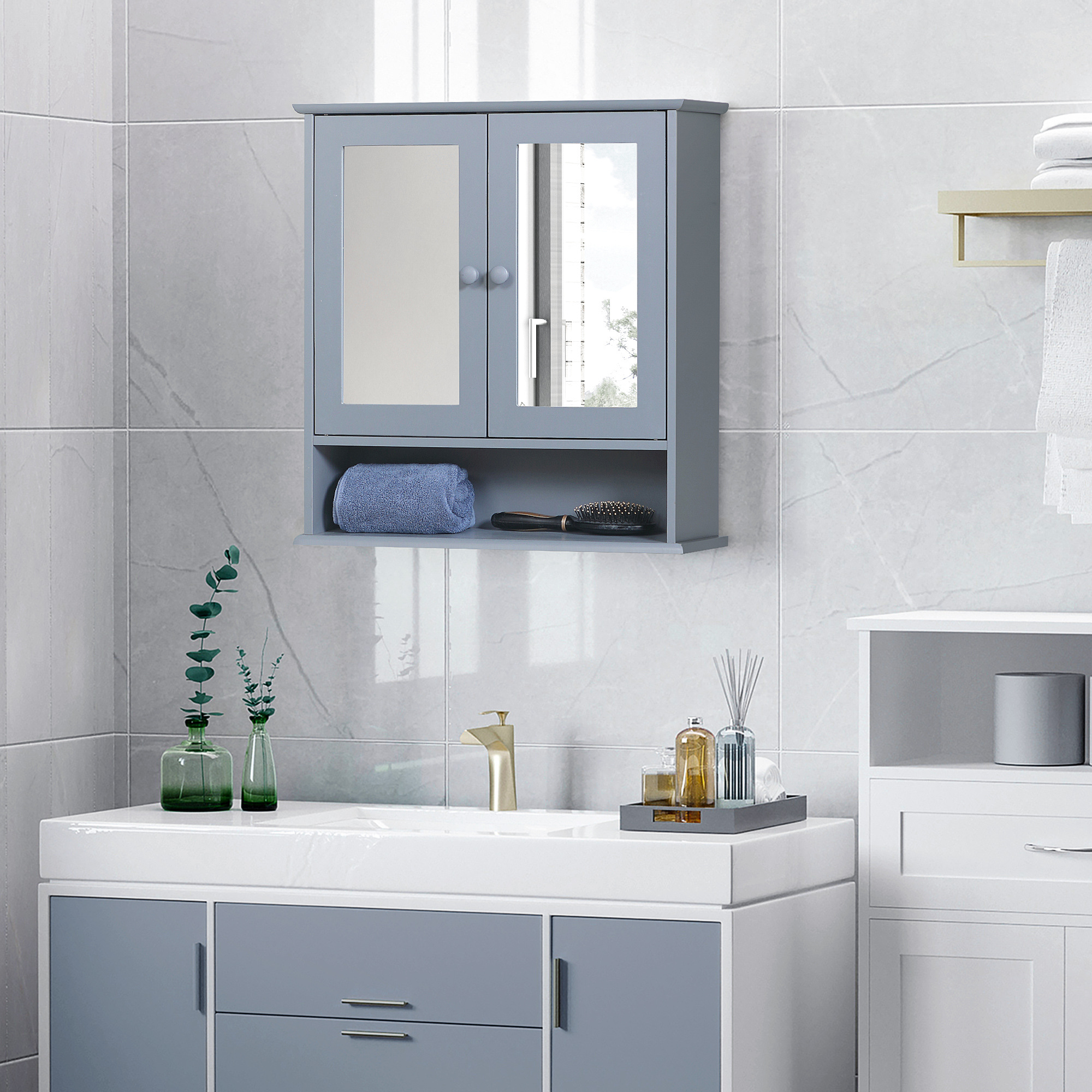 kleankin Wandspiegel mit Regal für Badezimmer 56L x 13B x 58H cm Doppeltüriger Spiegelschrank MDF Grau
