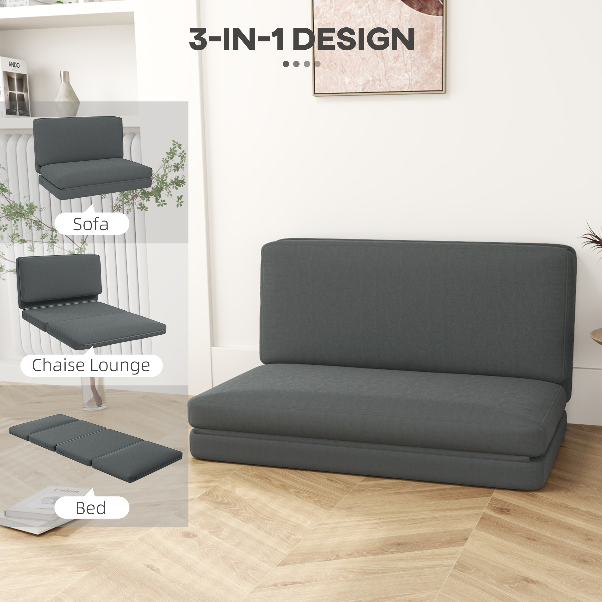 HOMCOM 3-in-1 Opvouwbare Relaxstoel, Gastenmatras, Deelbaar, 138 cm breed, Donkergrijs