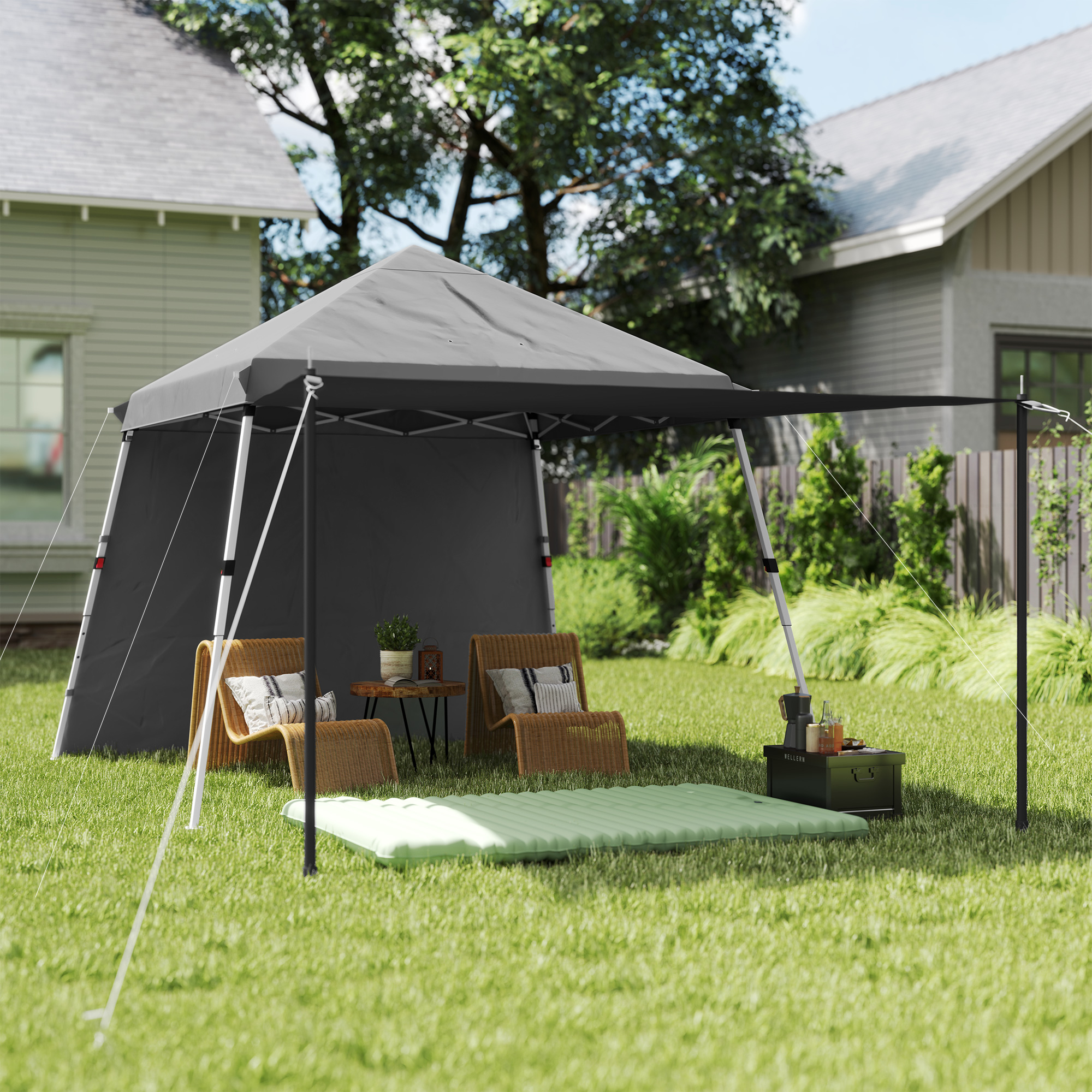 Outsunny Gartenpavillon 3x3m Pop-Up-Faltpavillon Zusätzliche Seitenvordächer Verstellbare abgeschrägte Beine Rollbare Transporttasche Hellgrau
