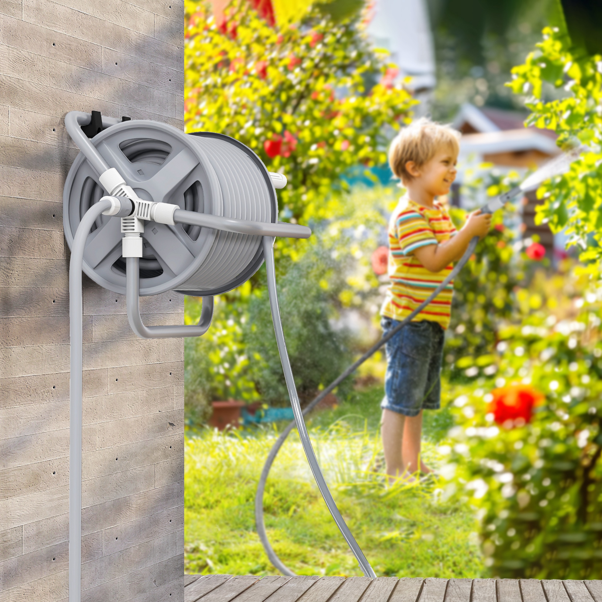 Outsunny Schlauchaufroller 20m + 2m, einstellbare 2-in-1 Spritzdüse, zur Wandmontage oder zum Aufstellen