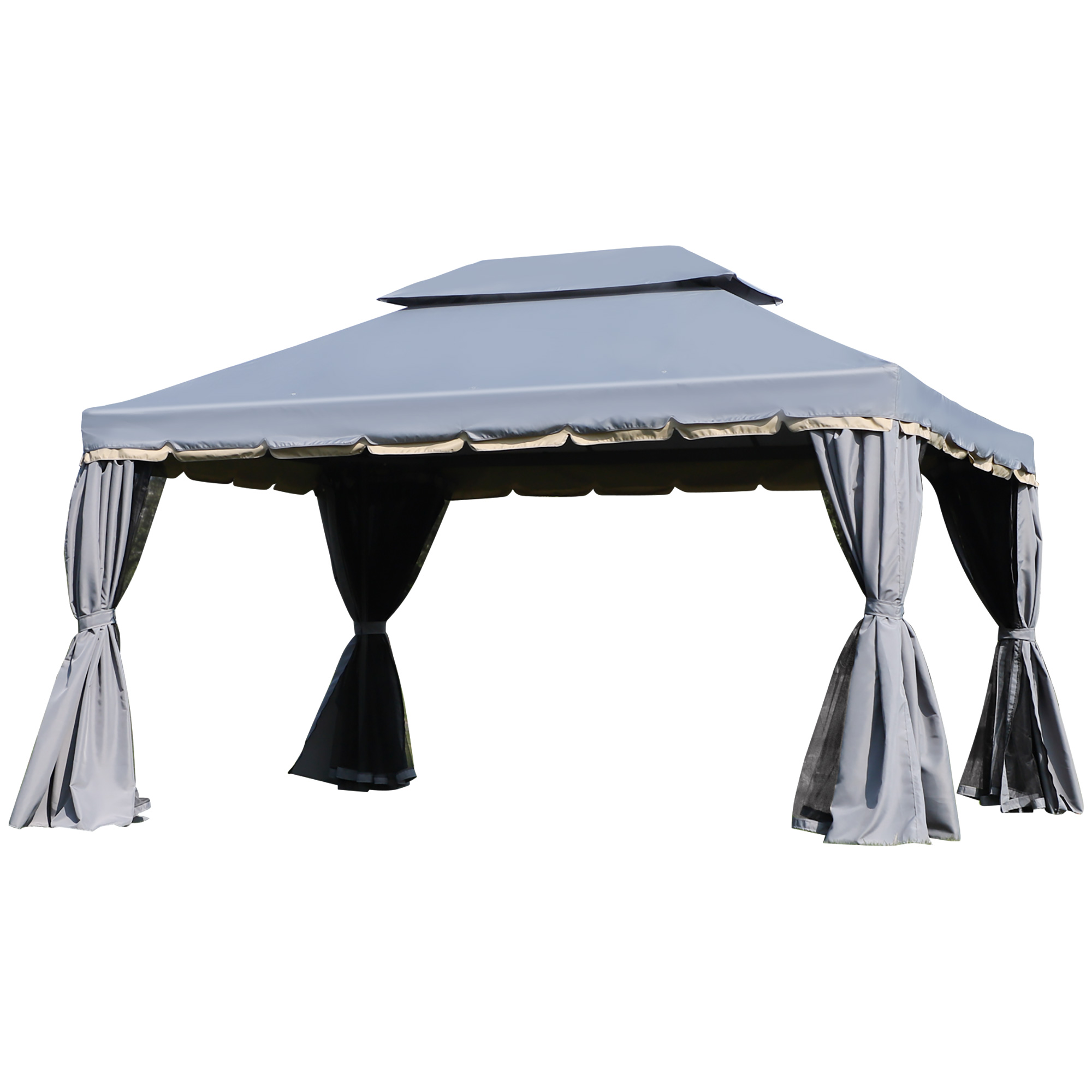 Outsunny Gartenpavillon Pavillon Doppeldach mit Seitenwänden und herausnehmbaren Moskitonetzen 4 x 3 m Grau