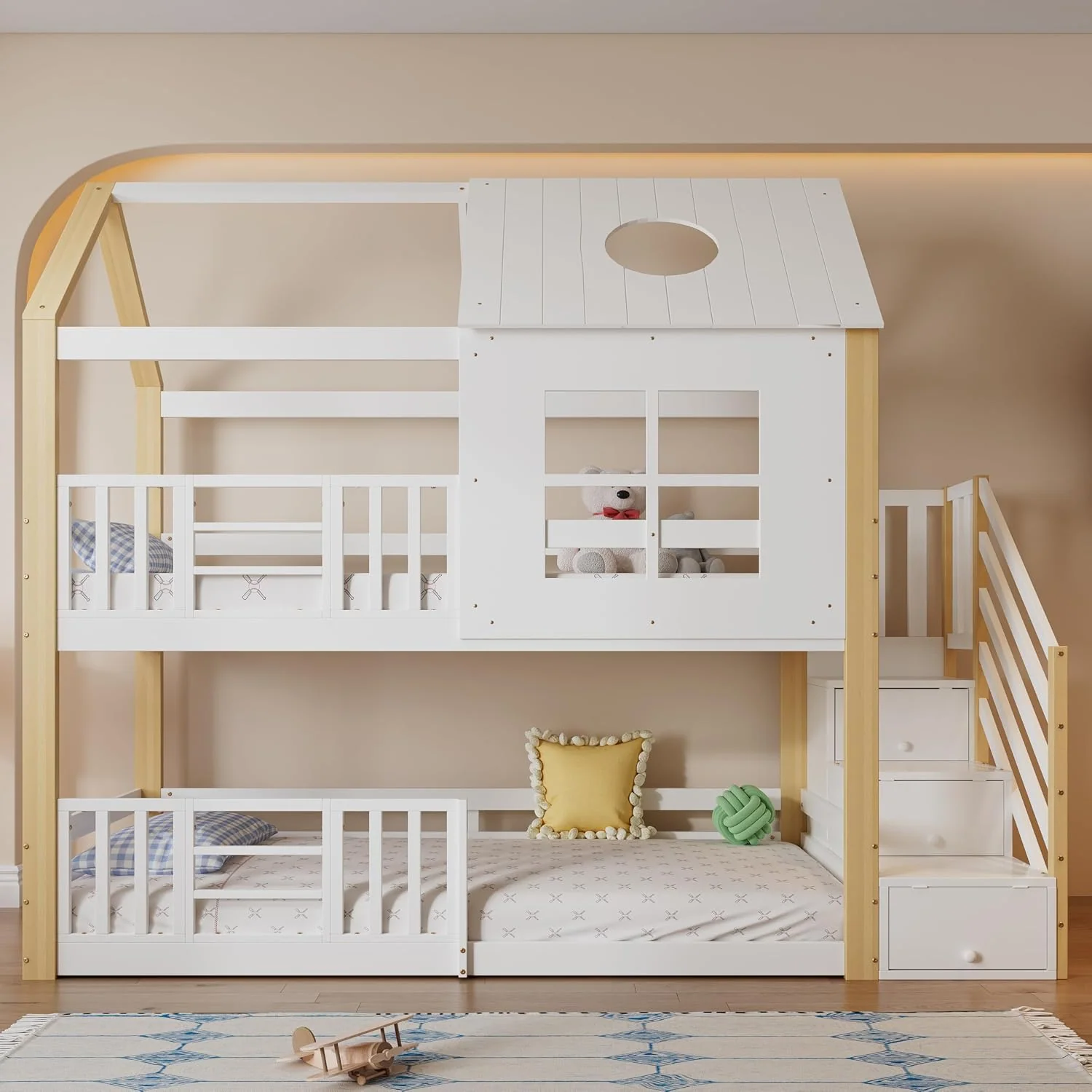 Kinderbett Etagenbett 90 x 200, Ohne Matratze, Baumhaus Bett mit Fenster und Dach, Hausbett für 2 Kinder, Hochbett mit Lattenrost, Kiefer+MDF