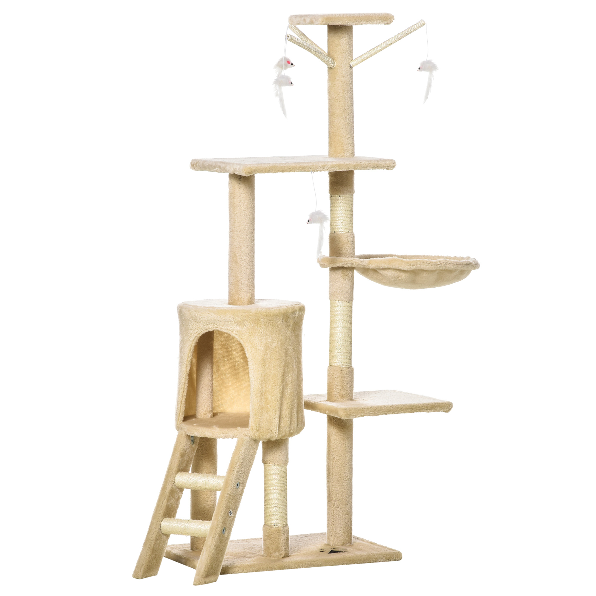 PawHut Kratzbaum 134,2 cm Katzenturm mit Höhle, 2 Spielzeuge Sisalstämme, große Plattform, Treppe, mehrstöckiger Katzenkratzbaum, Kletterbaum, für mittelgroße Katzen, Beige+Weiß
