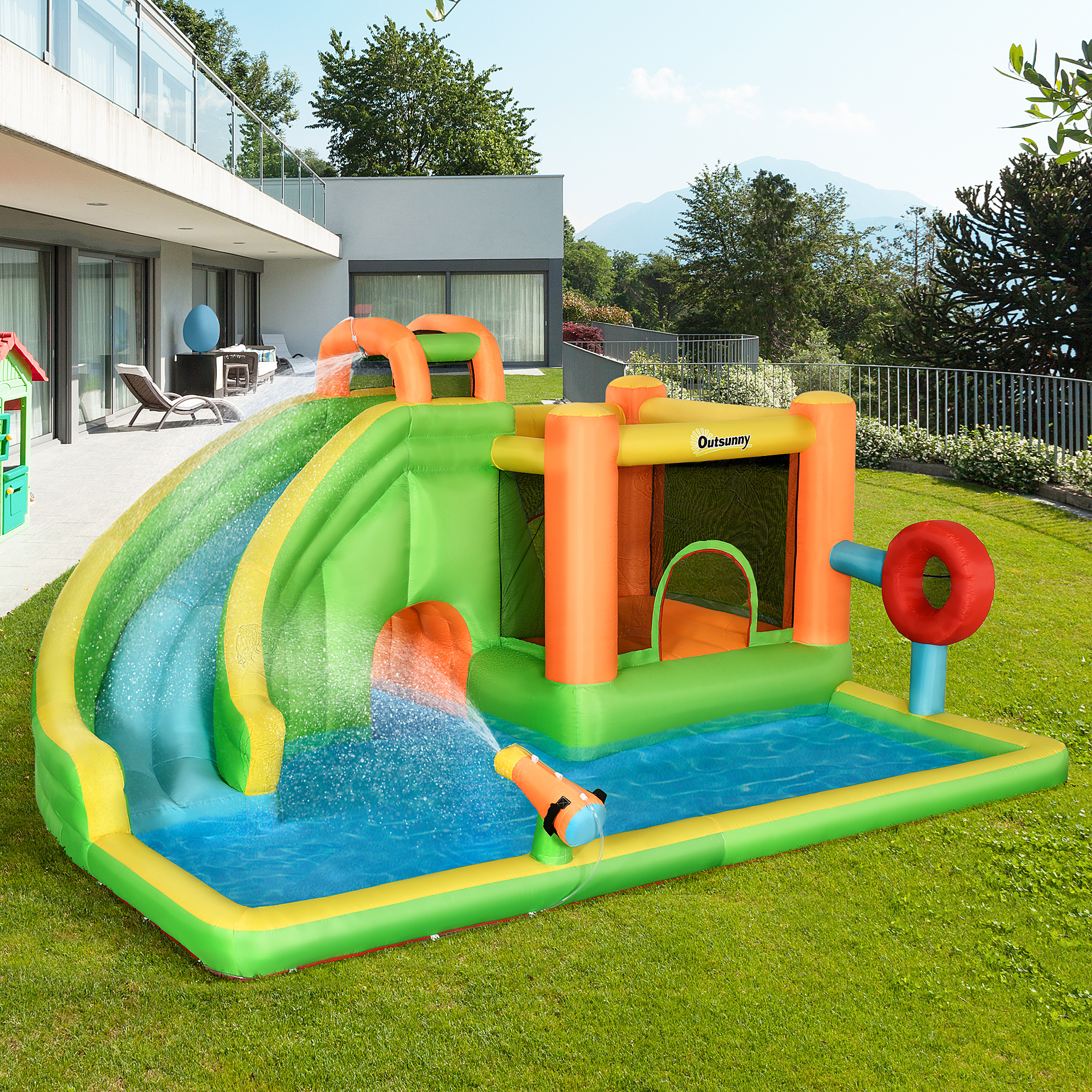 Outsunny Aufblasbare Hüpfburg mit Rutsche, Hüpfecke, 2 Wasserbecken, Boxsack, 478 x 440 x 210cm