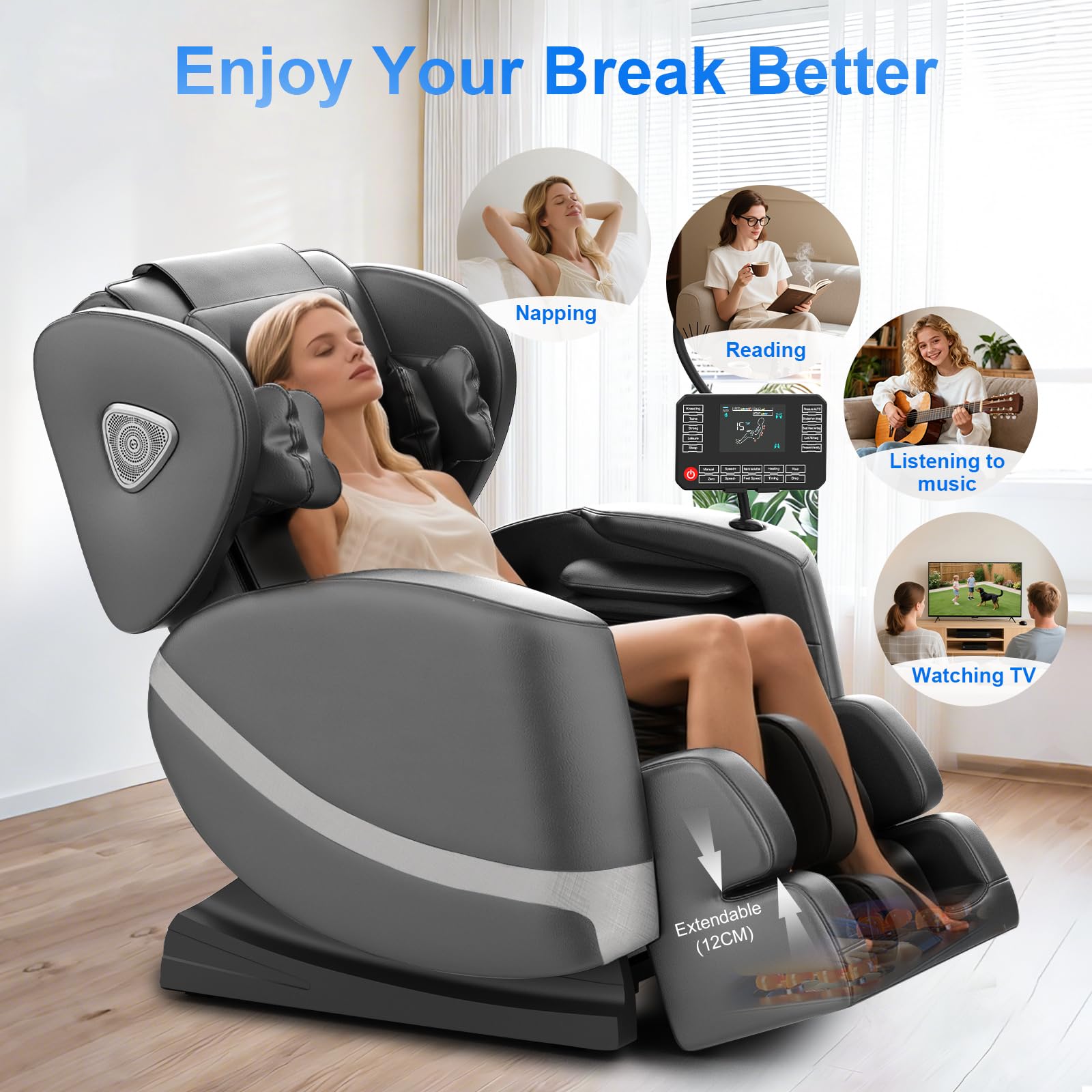 Massagesessel mit Zero-Gravity 14 Rollen 8 Luftkammern Wärmefunktion Rücken und Beine Fußmassage Bluetooth 2-in-1-Touchscreen
