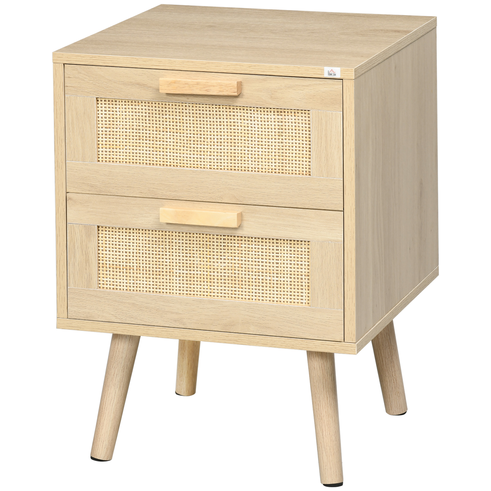 HOMCOM Nachttisch für Schlafzimmer im Boho-Stil mit 2 Schubladen, 40x40x56cm, Farbe Naturholz