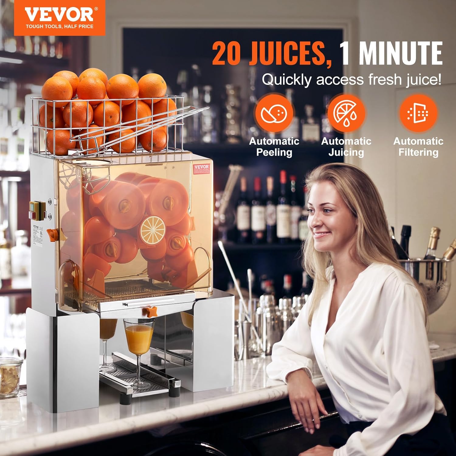 VEVOR Spremiagrumi Elettrico Commerciale 120 W, Estrattore di Succo Alimentazione Automatica con Filtro Estraibile e Secchio Raccolta Buccia per Pompelmo Arancia da Ristorante Caffetteria Bar Feste