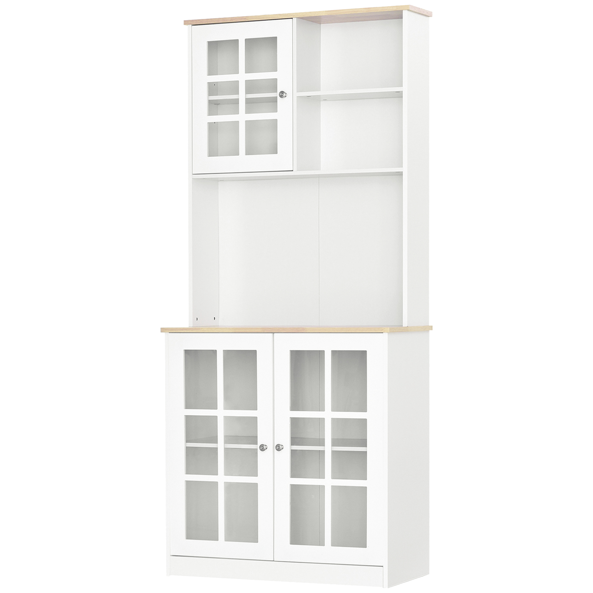 HOMCOM Küchenbuffet, Küchenschrank-Vitrine mit vielen Stauräumen, 3 Glasfronten mit Regal, 2 Fächer, große Arbeitsplatte, MDF weiß Eiche