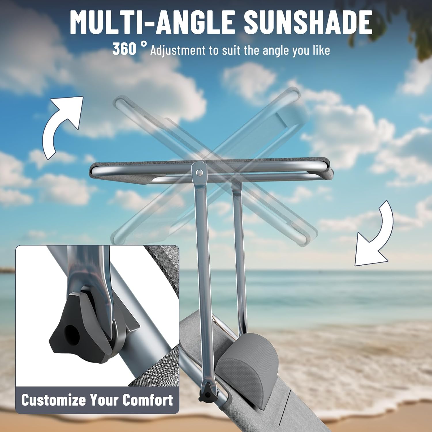 Sonnenliege klappbar 2er Set 194 X 68 X 29 cm, Aluminium Liegestuhl trägt bis zu 150kg, Strandliege Gartenliege wetterfest Sonnenschutz mit Verstellbarer Rückenlehne, Hellgrau