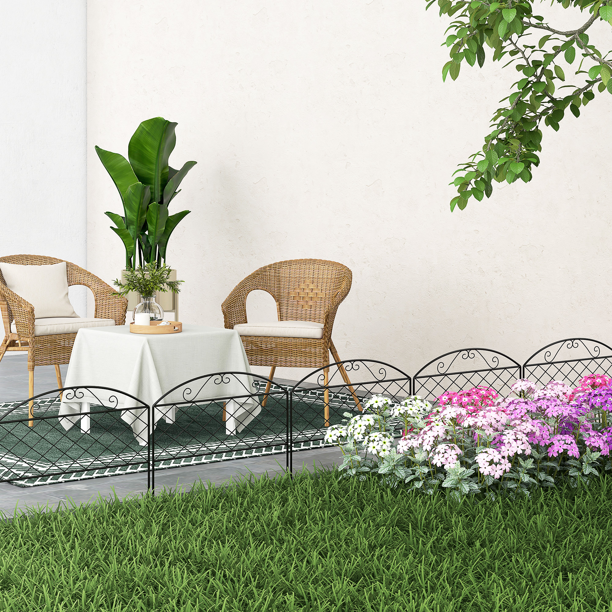 Outsunny Set aus 5 dekorativen Metallzaunpaneelen für den Garten, Blumenbeetumrandung - Maße 305 x 43 cm