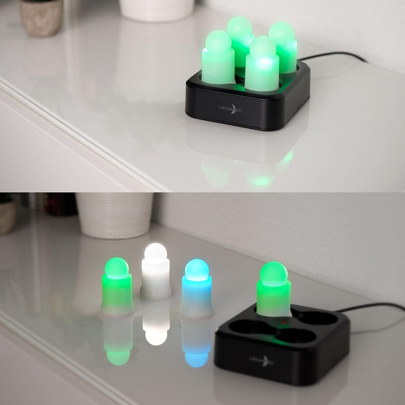 Lunartec LED Kerze Ladestation: 16er-Set wetterfeste LED-RGBWW-Kerzen mit Akku und Ladeschale, App (aufladbare Kerzen-Sets, mit Ladestation, Flamme)