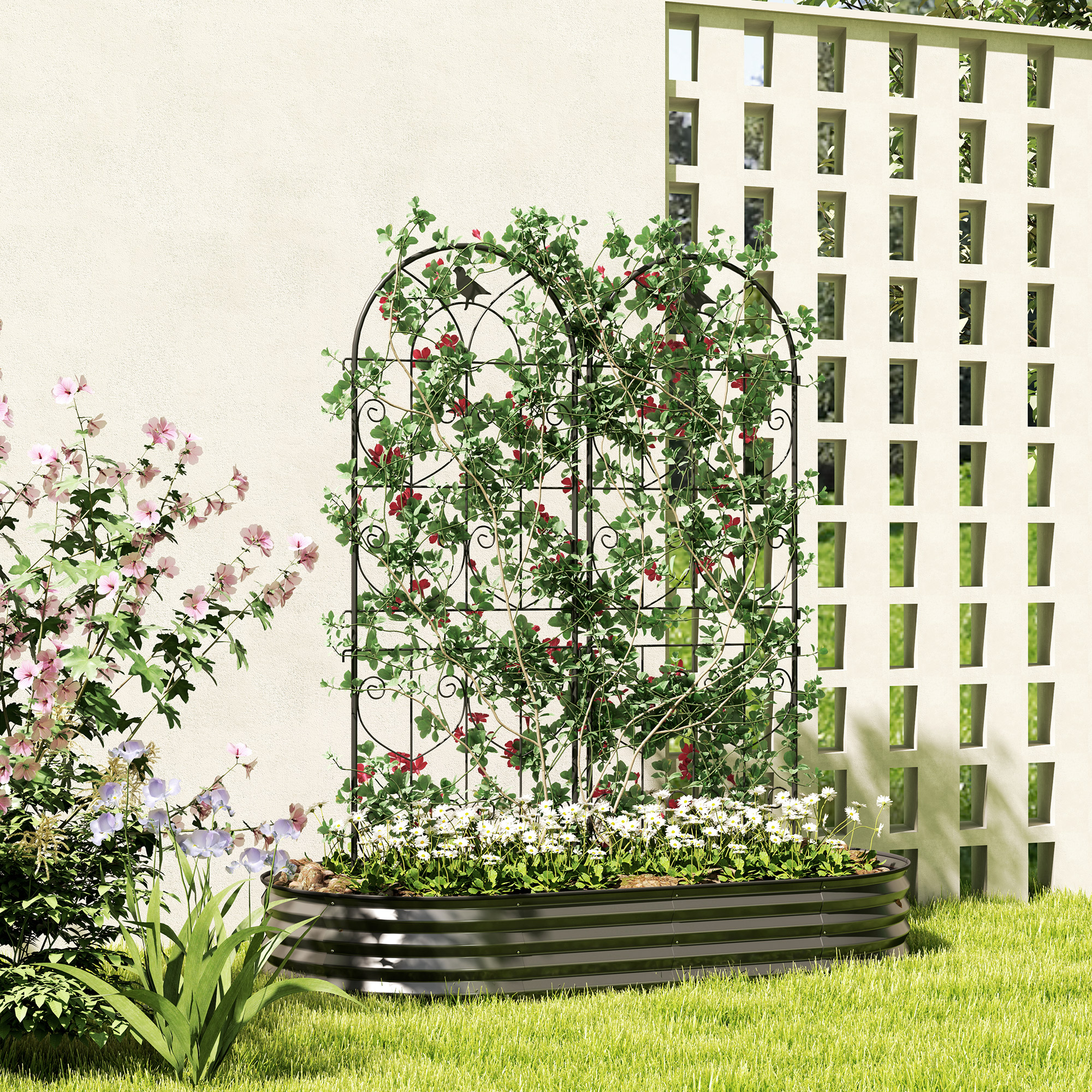 Outsunny Rankgitter für Kletterpflanzen mit Vögeln 2er-Pack Gartengitter für Gemüse Rebe Blume Metall 50 x 150 cm schwarz
