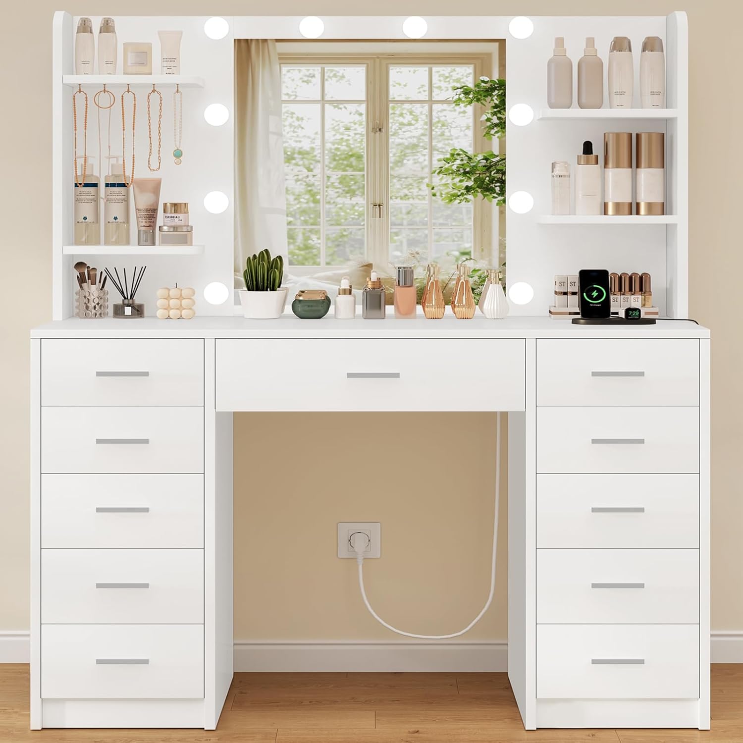 TEENFON Large Dressing Table with Mirror and LED Light, 3 Adjustable Colours, Makeup Desk with 11 Drawers, 4 Shelves and 5 Hooks, Modern Dresser, White