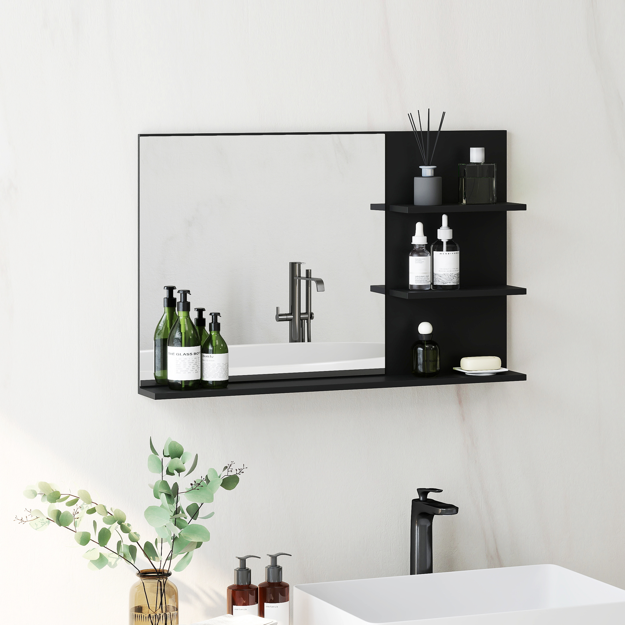 kleankin Badezimmerspiegel Modern mit 2 Seitlichen Regalen und Unterem Regal, aus Holz und Glas, 75x10x48 cm, Schwarz