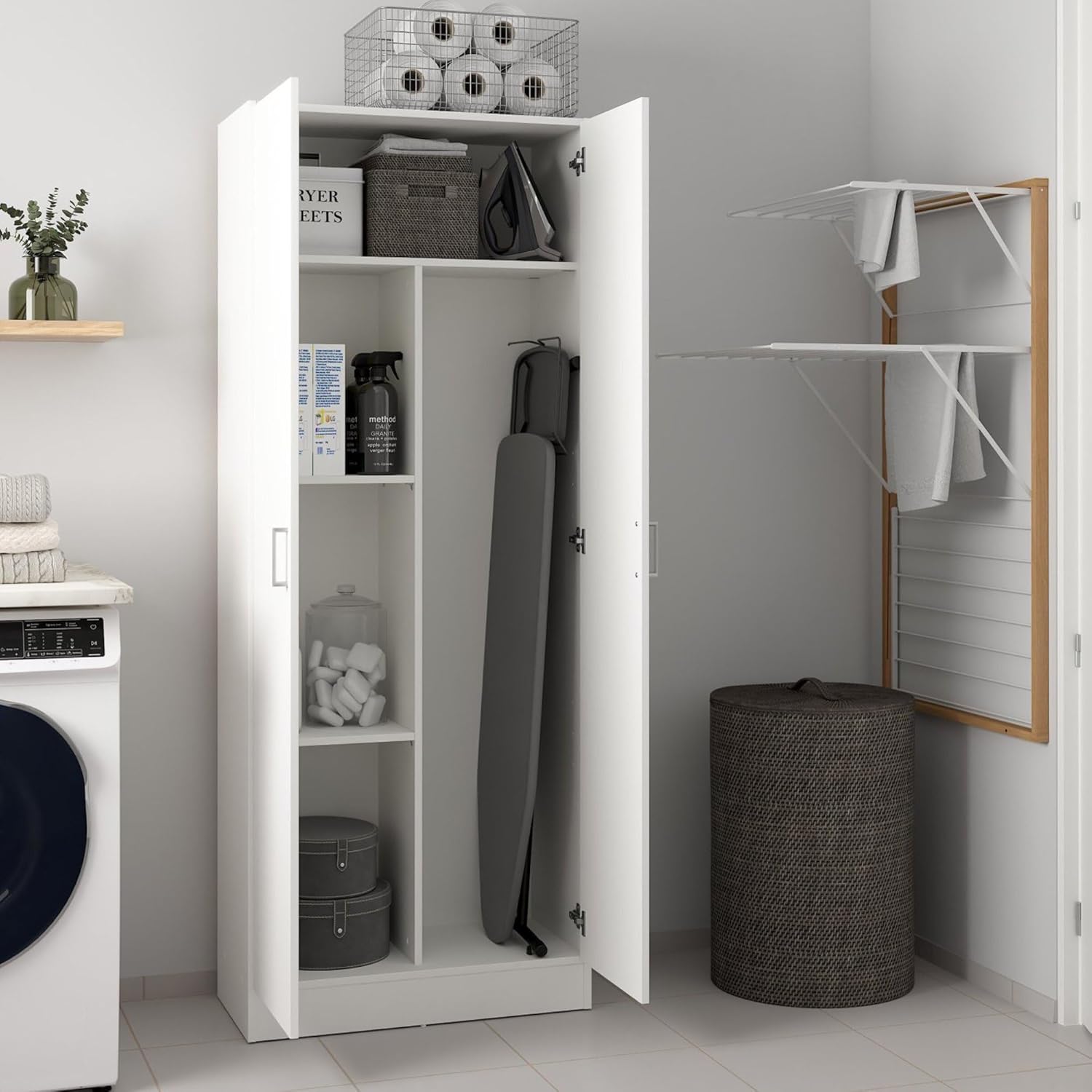 Dmora - Armadio multiuso 2 ante Charleston, Mobile porta scope, Scarpiera con ripiani, Guardaroba porta scarpe, cm73x37h180 cm, Bianco