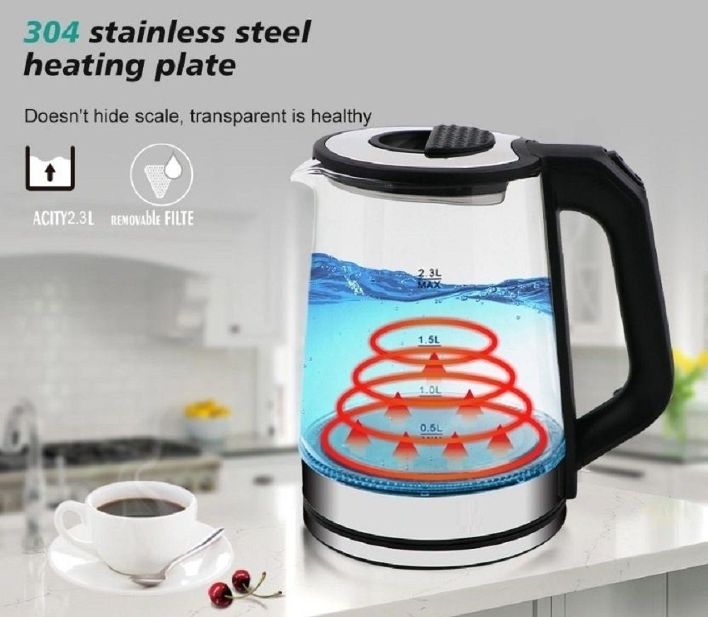 Wasserkocher Glas Edelstahl Wasserkocher 2000W mit LED-Beleuchtung Teekocher