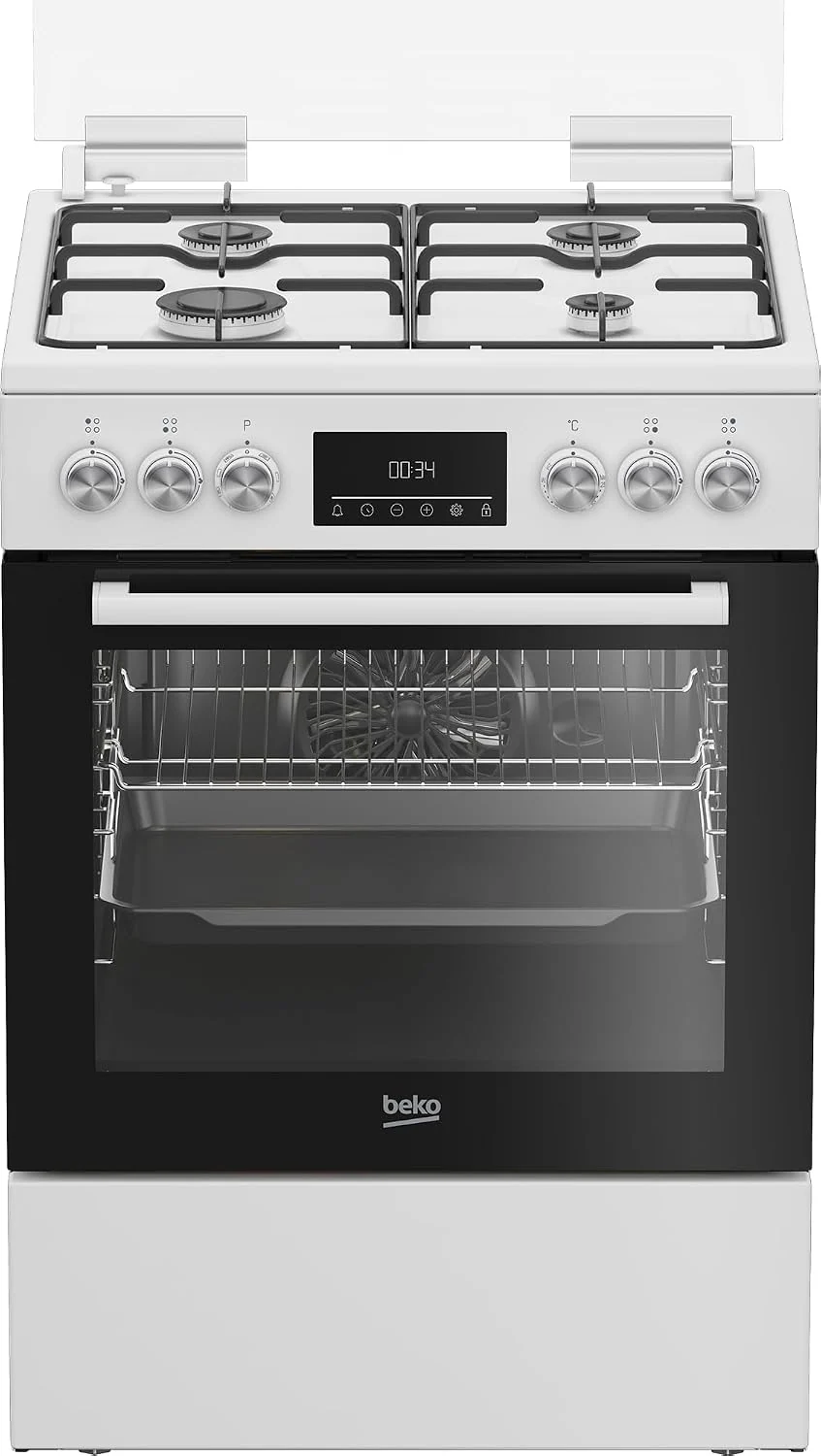 Beko FBM62320WDSL Freistehender Herd, 72 l Garraum-Volumen, Multifunktionsofen mit Gaskochfeld, 4 Kochzonen, 8 Heizarten, Seitengitter, Weiß