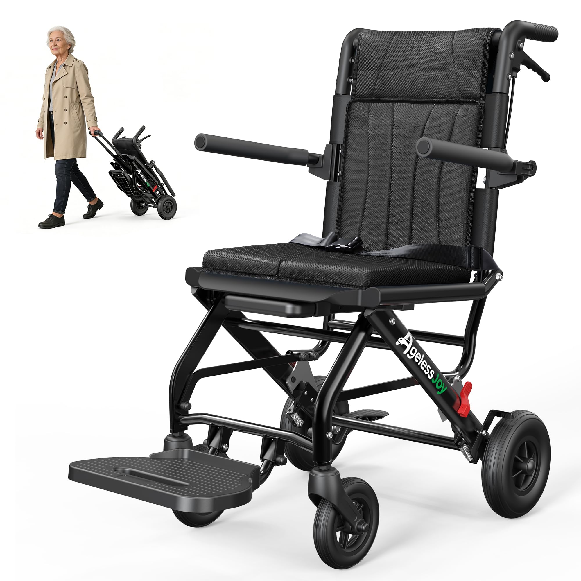 Faltbarer Ultraleicht Rollstuhl ca. 9 kg mit Teleskopgriff, All-Terrain-Räder, Sicherheitsgurt und Aufbewahrungstasche