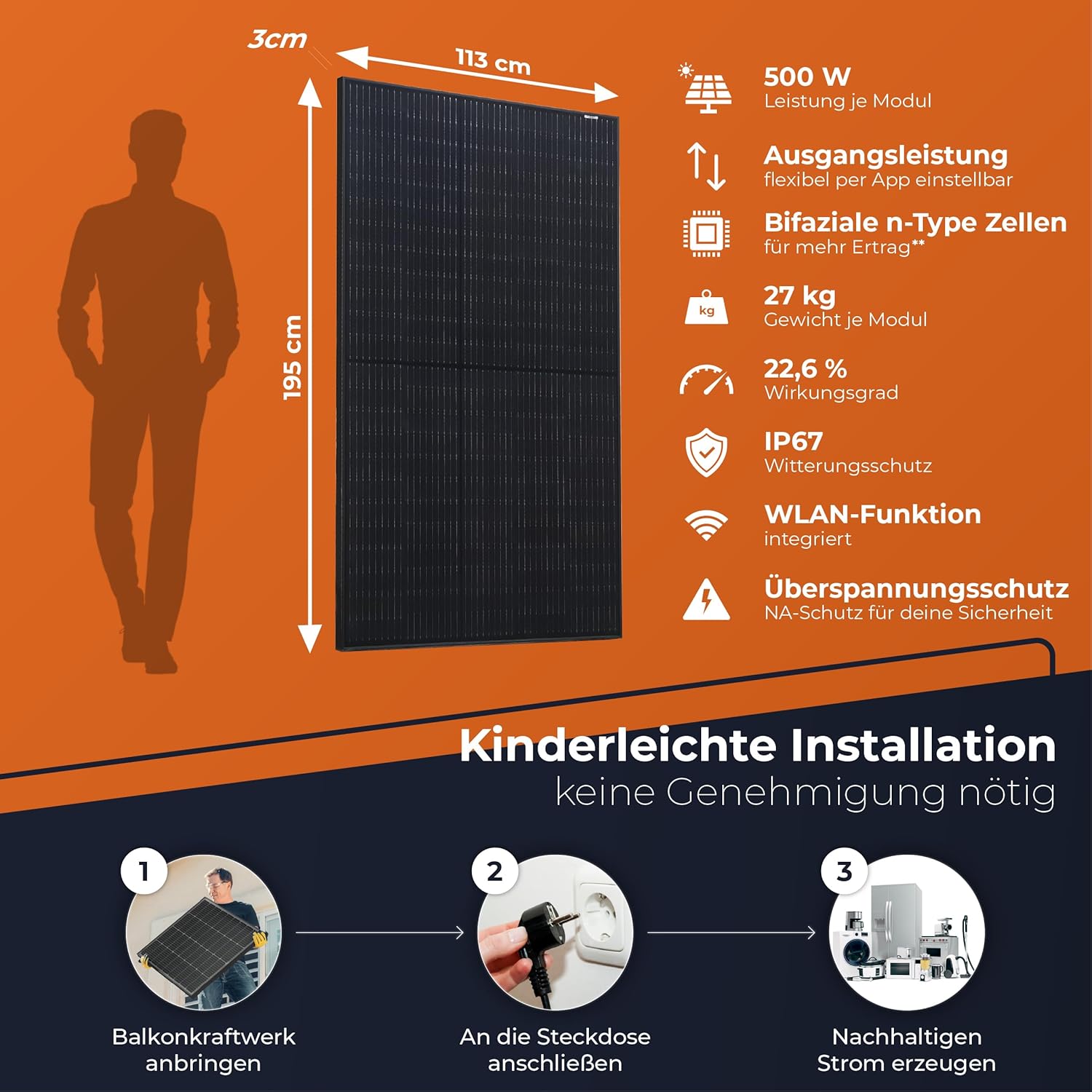 Solarway® Balkonkraftwerk 800W mit 1000Wp Solarmodulen – Komplettset mit Hoymiles HMS-800W-2T Wechselrichter – 2× 500W bifaziale Black Solarpanels – Mini PV Anlage für Steckdose inkl. Zubehör