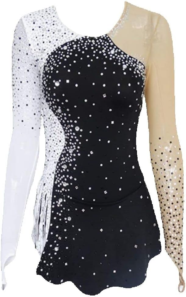 Eislaufkleid Wettkampfkleid Erwachsene Schwarz Weiß Muster zum Nähen Lange Ärmel Eiskunstlaufkleid Kinder Mädchen