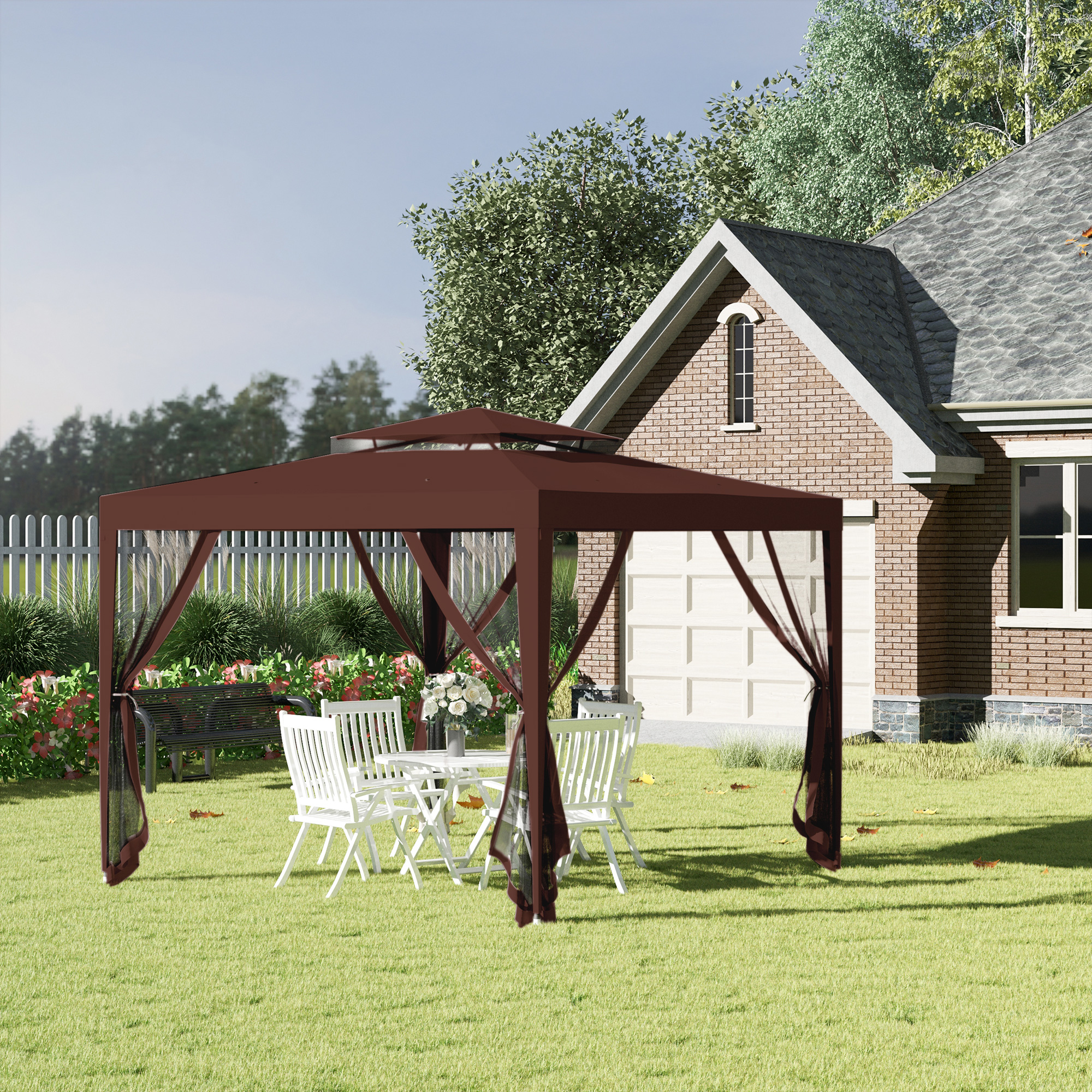 Outsunny Gartenpavillon 3L x 3B m mit 4 abnehmbaren Moskitonetzen - Doppeltes Dach - Braun