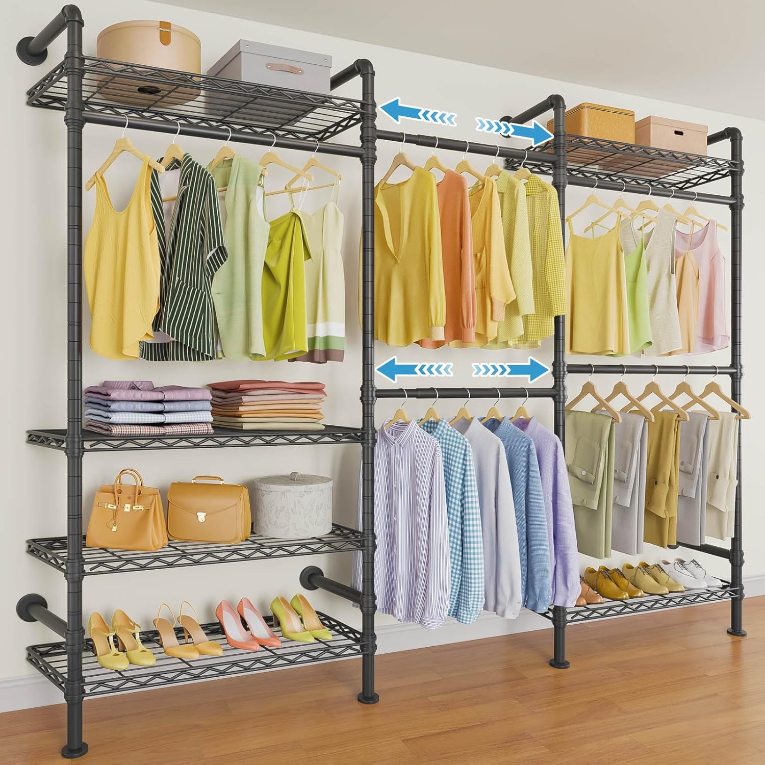 Timate F3 Garment Rack Heavy Duty Clothes Rack for Hanging Clothes, Expandable Industrial Pipe Wall Mounted Clothing Racks, Adjustable Storage Wardrobe Closet Kit Walk in Closet Systems, Black
