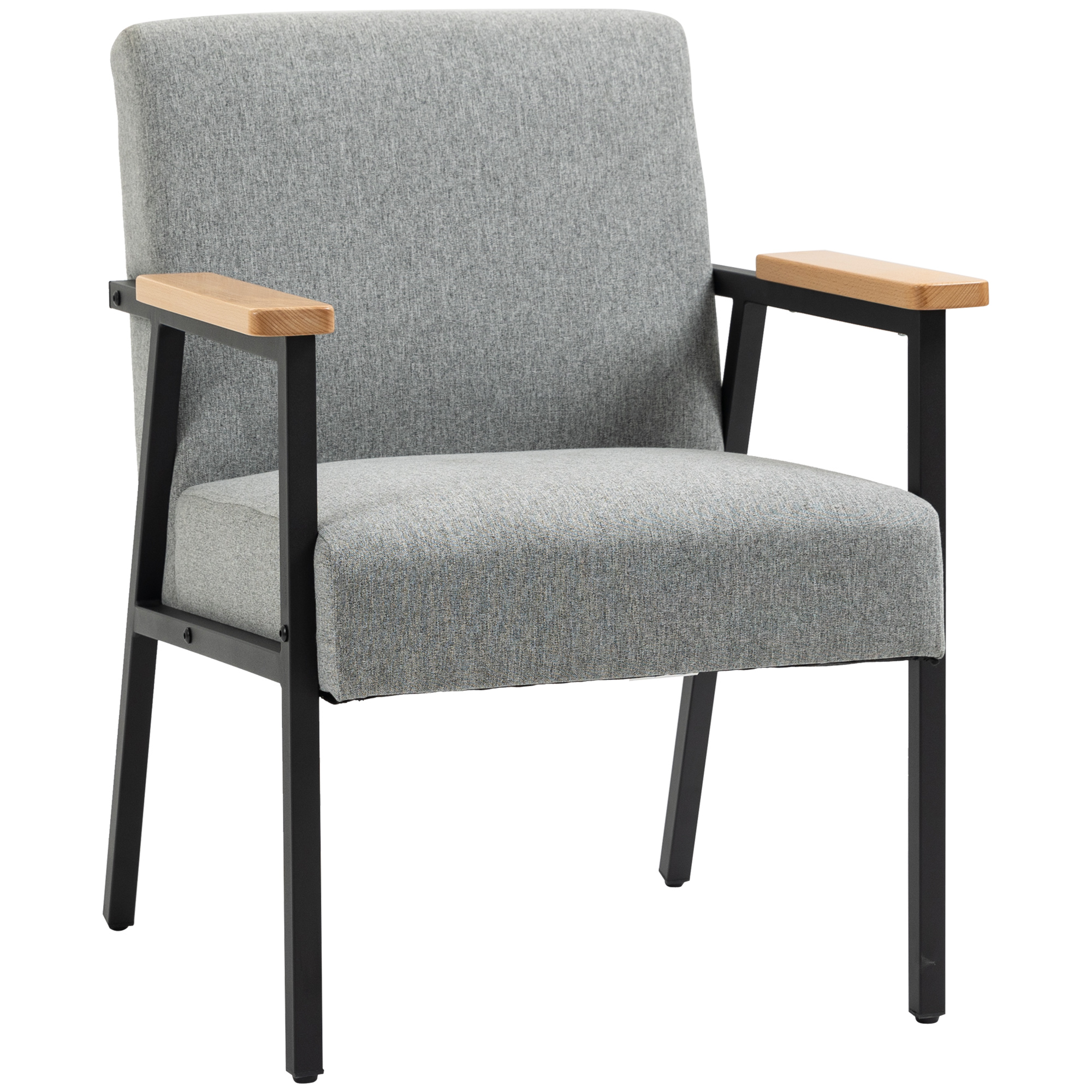 HOMCOM Akzentsessel im Skandidesign, Ruhesessel ,Akzentstuhl, Leinenoptik, Kautschukholz, Grau + Schwarz + Braun