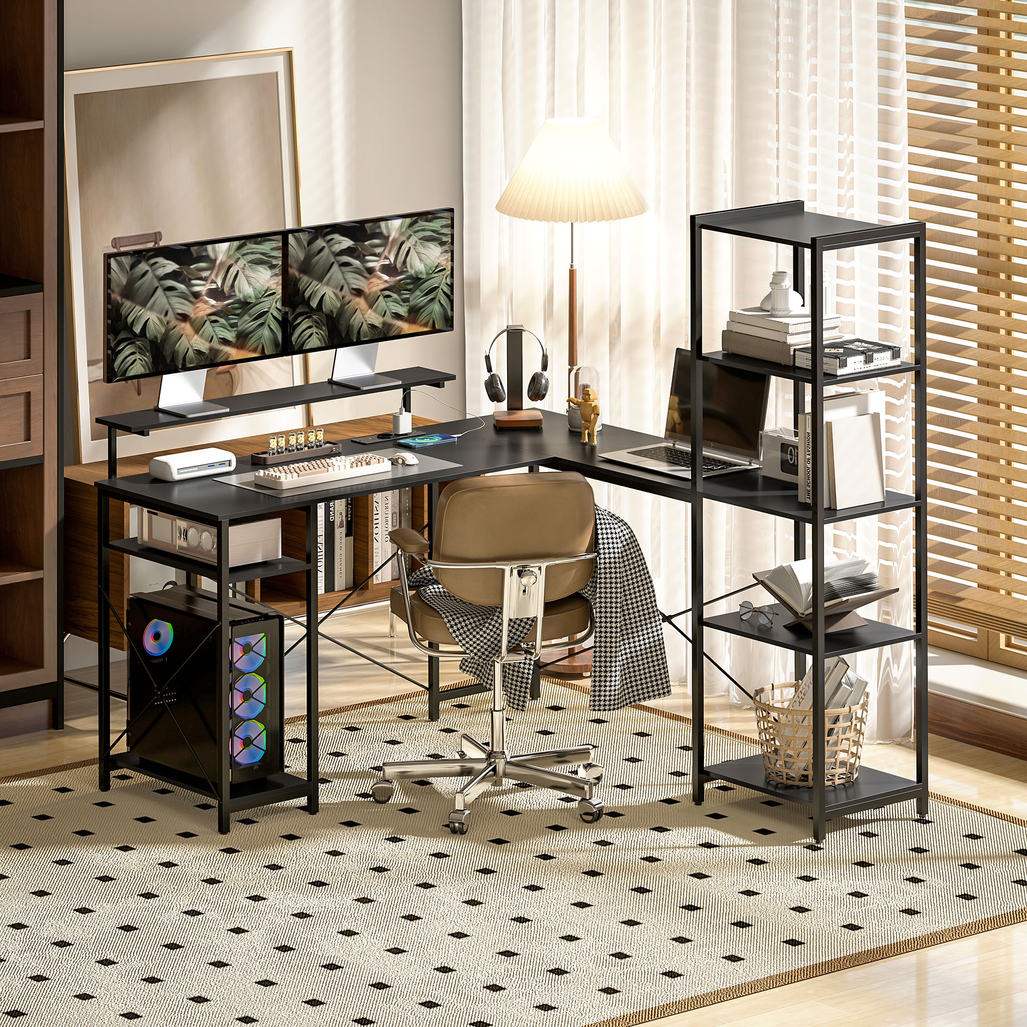 HOMCOM L-förmiger Schreibtisch mit Ladestation, Eck-Computertisch mit Monitorständer und Regalen, für Homeoffice, Büro, Schwarz