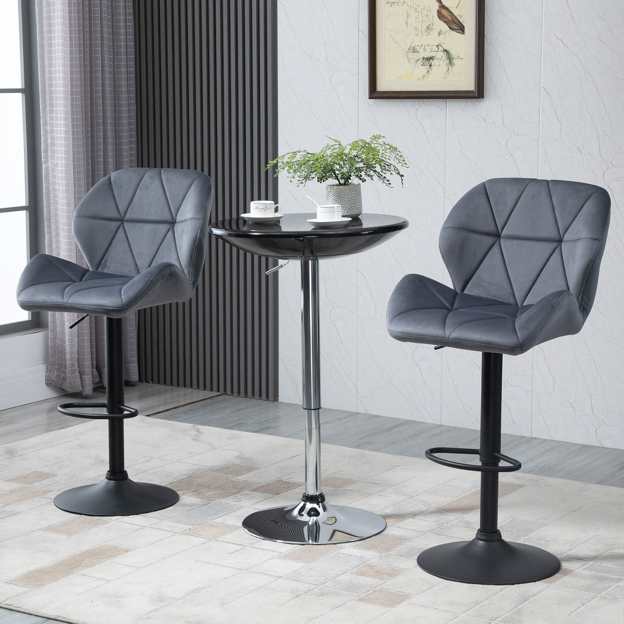 HOMCOM Set 2 Barhocker mit höhenverstellbarer Metallbasis, Samt Sitz, Drehbare Barhocker mit Rückenlehne und Fußstütze, 51,5x57,5x93-114,5cm, Grau