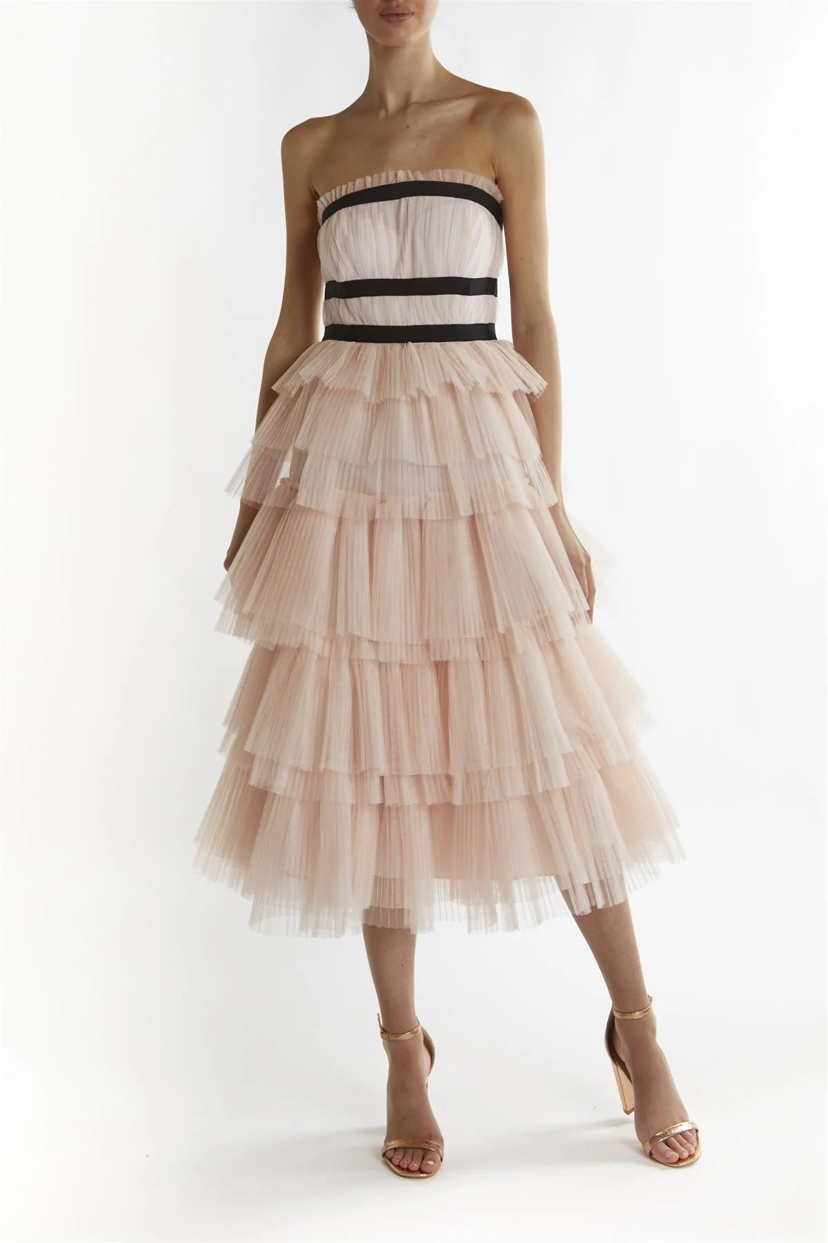 Nude-Peach Brianna Bandeau-Pleated Midi-Dress