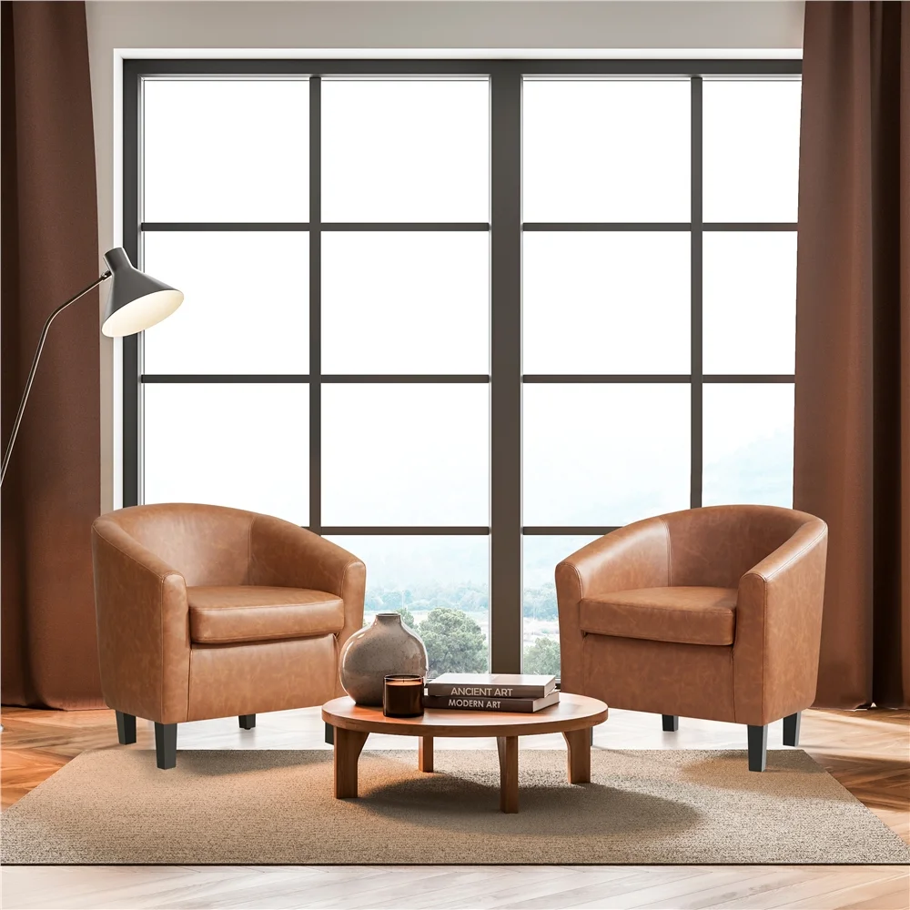 Renwick Faux Leather Barrel Accent Chair for Living Room, Set of 2, Black