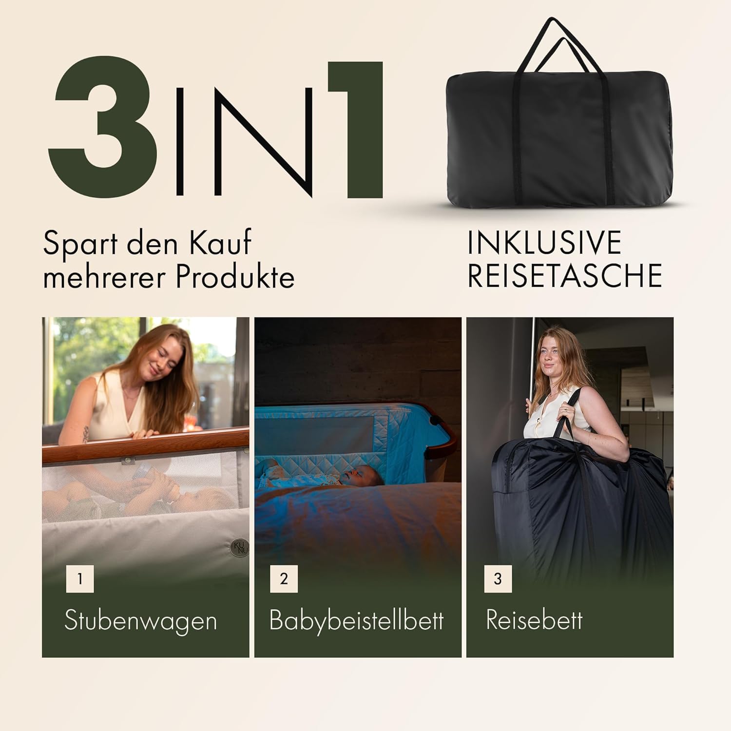 KUNU neues Baby-Beistellbett - Von Eltern für Eltern - Skandinavisches Design - Rollbar & Wiegefunktion - Höhenverstellbar - Babyoptimierte Matratze - inkl. Reisetasche