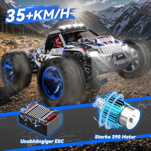 Auto telecomandata 1/14, 35   KM/H RC Auto con luci, Monstertruck telecomandato con 2 batterie 30 minuti, 2,4 GHz RC Auto Offroad impermeabile RTR All Terrain, regalo per bambini adulti : Giochi e giocattoli