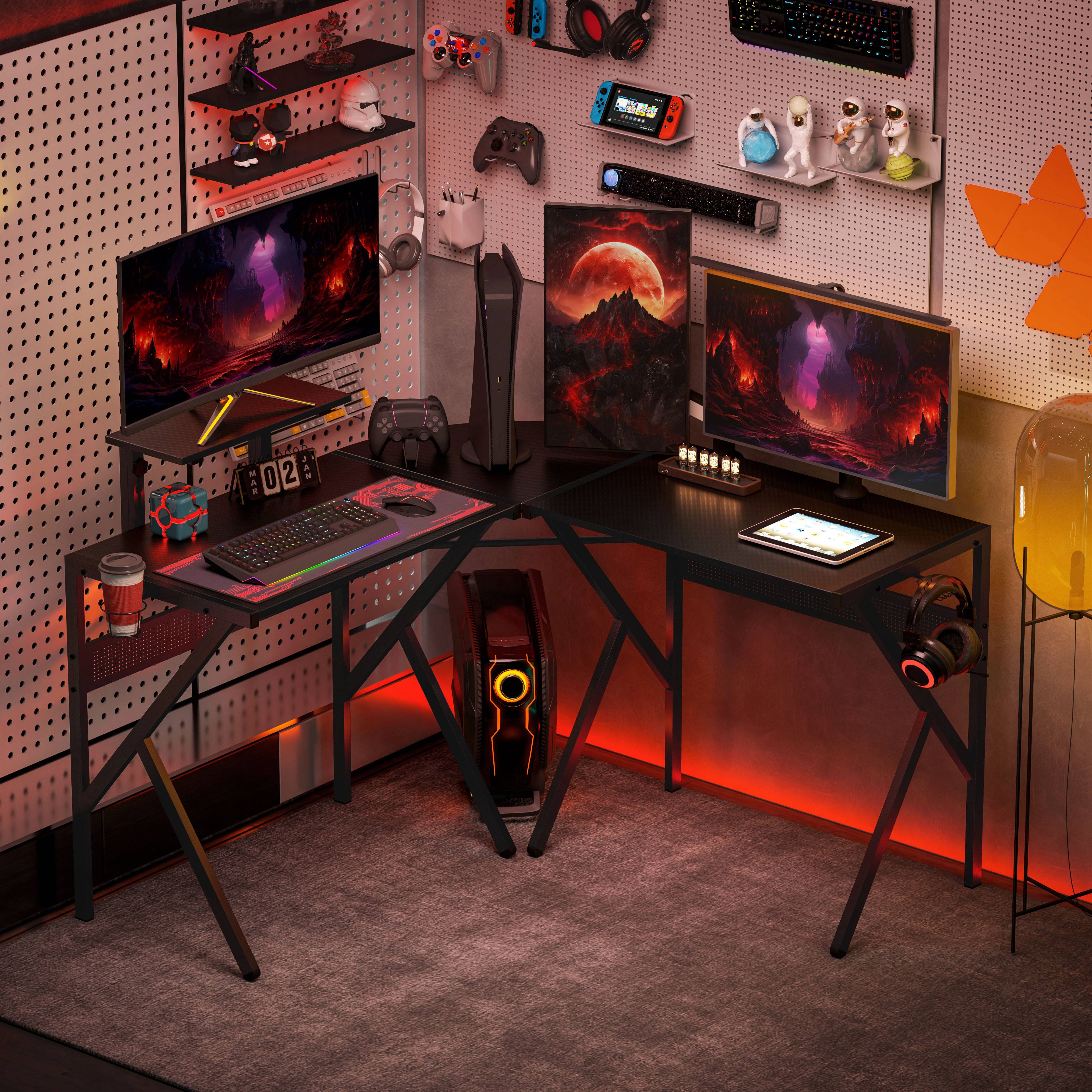 HOMCOM Gaming Schreibtisch Eckschreibtisch Gamer 125 x 125 cm in L-Form mit Kohlefaserplatte, Bildschirmhalter, Getränkehalter und Kopfhörerhaken, Schwarz