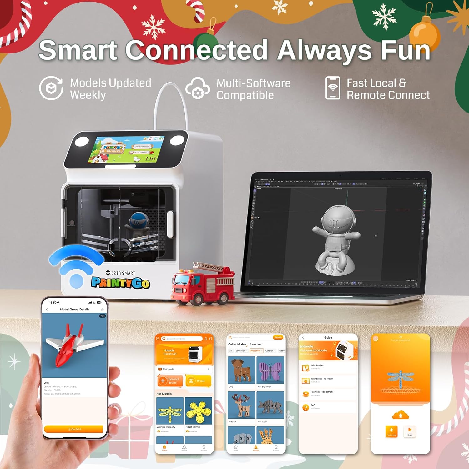 Stampante 3D PrintyGo Mini per bambini, stampante autolivellante da 600 mm/s per principianti con touch screen da 5
