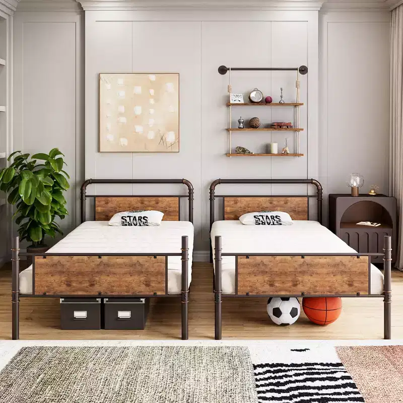Twin Bunk Bed, Heavy Duty Industrial Metal Bunkbeds with Safety Guard Rails, Convertible to Two Beds
