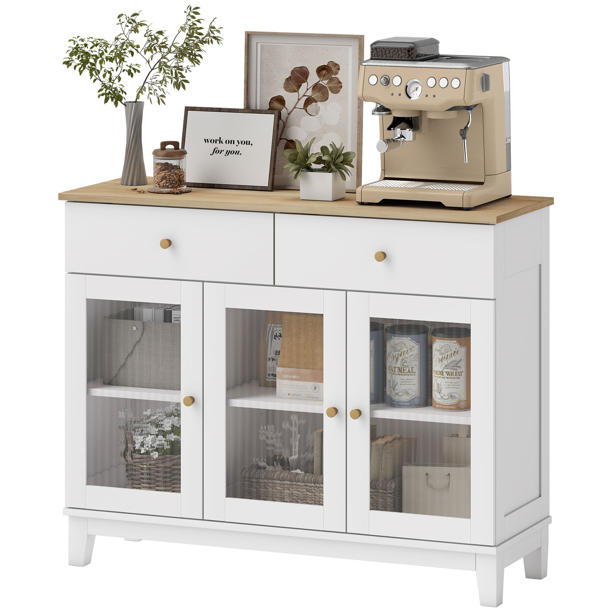 HOMCOM Buffet Wohnzimmerschrank mit 2 Schränken mit geriffelten gehärteten Glastüren, 2 Schubladen und verstellbaren Regalen, 100 x 35 x 80,3 cm, weiß